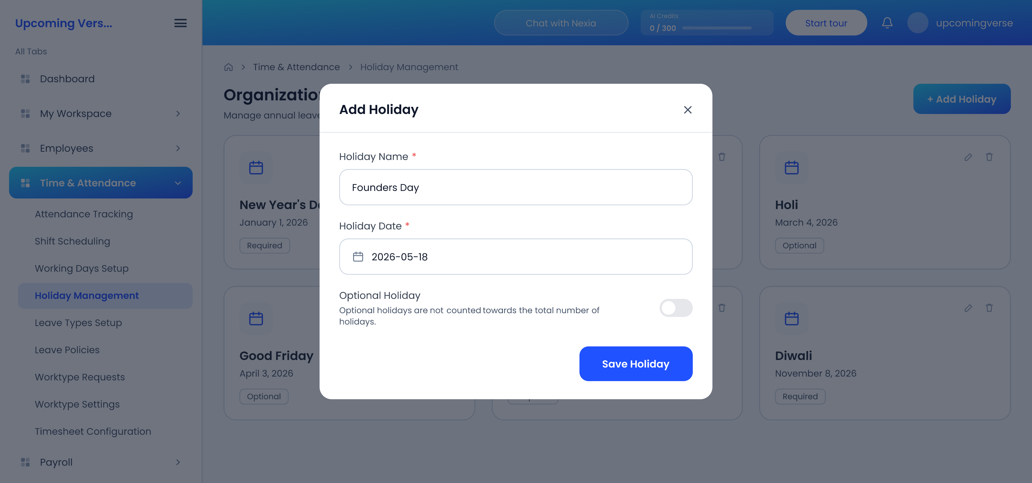The Add Holiday dialog, with a name, a date, and the Optional Holiday switch