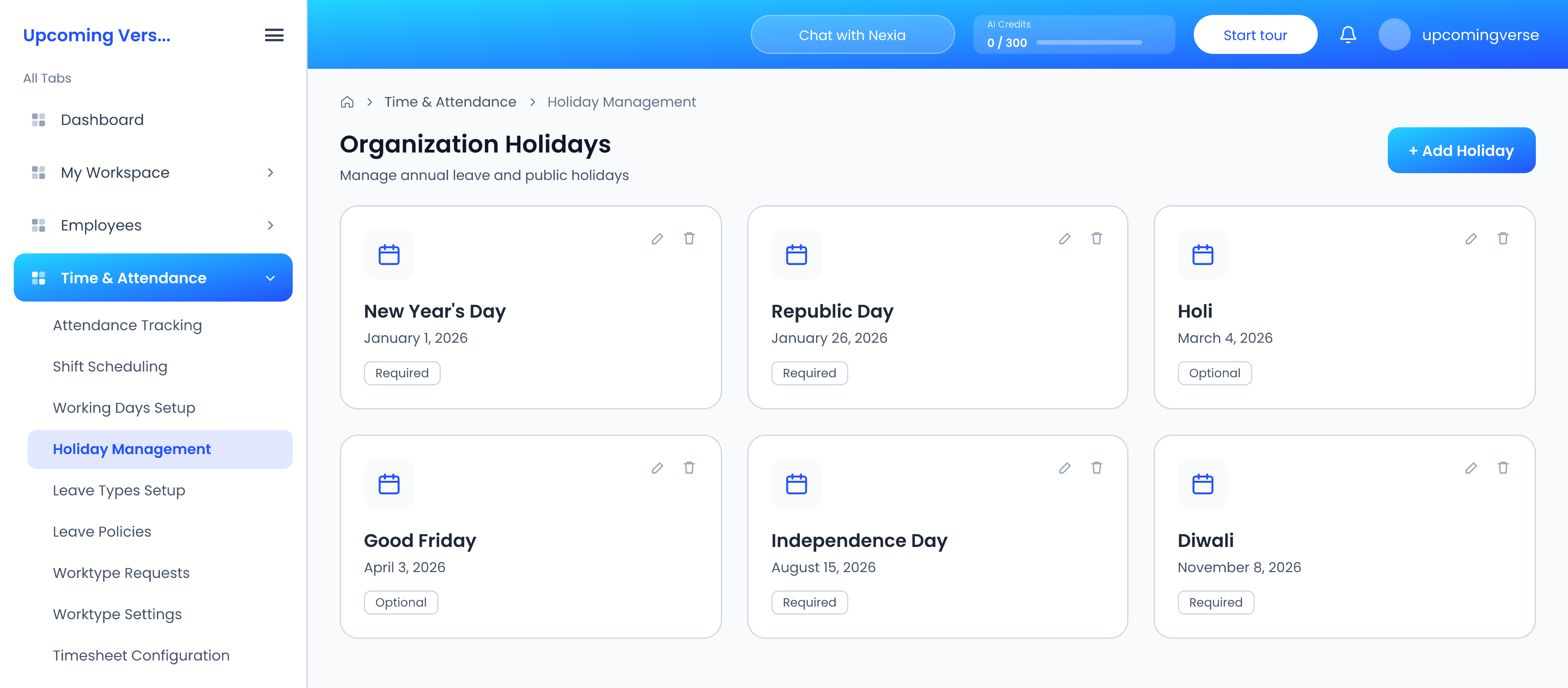 Organization Holidays, showing the year already set up, each holiday marked Required or Optional