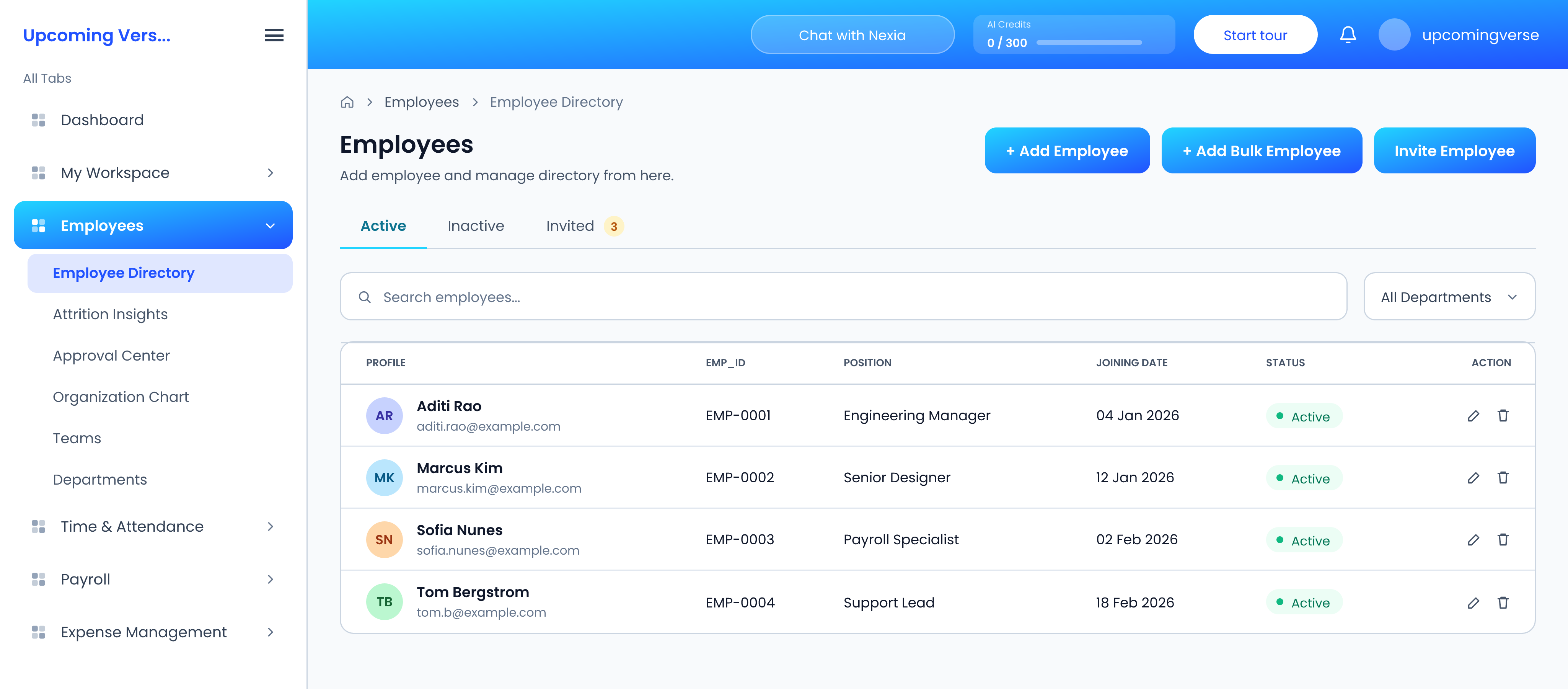 The Employee Directory, with Add Employee, Add Bulk Employee and Invite Employee together above the list