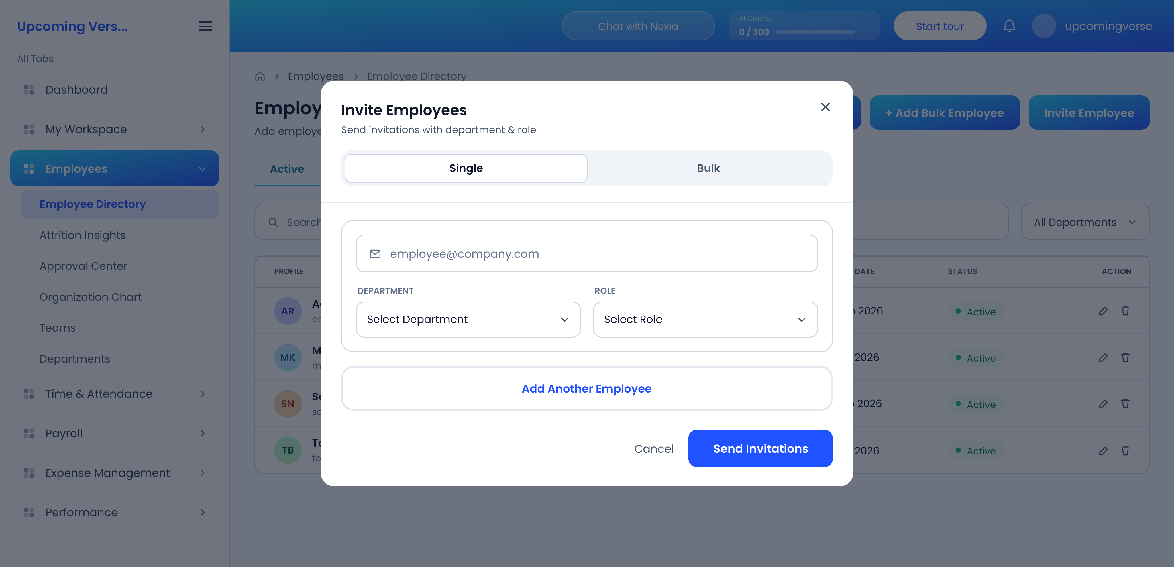 The Invite Employees dialog, with the email address, department and role for one invitation