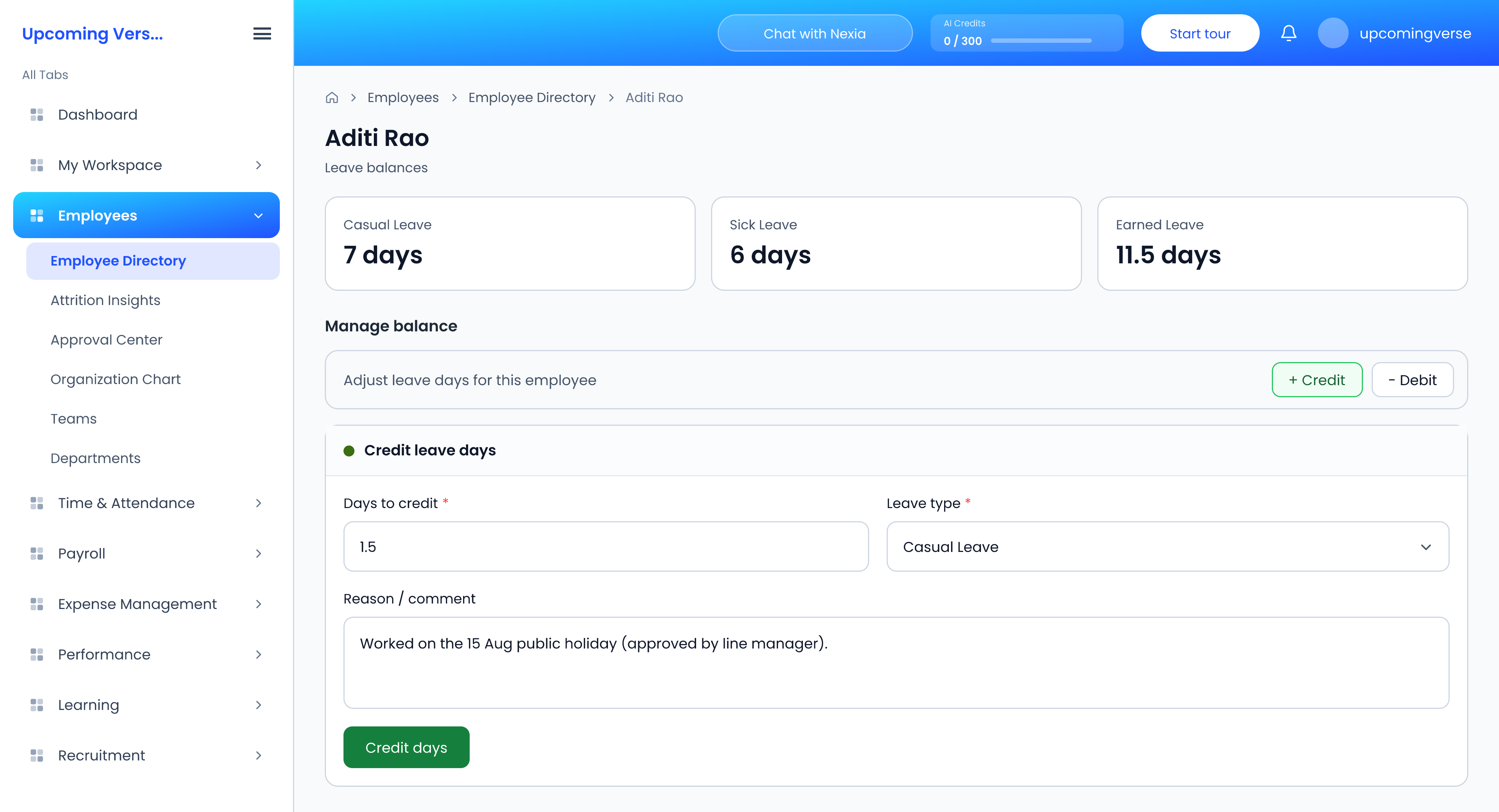 Manage balance on an employee's record, with the Credit form open: days, leave type and a reason