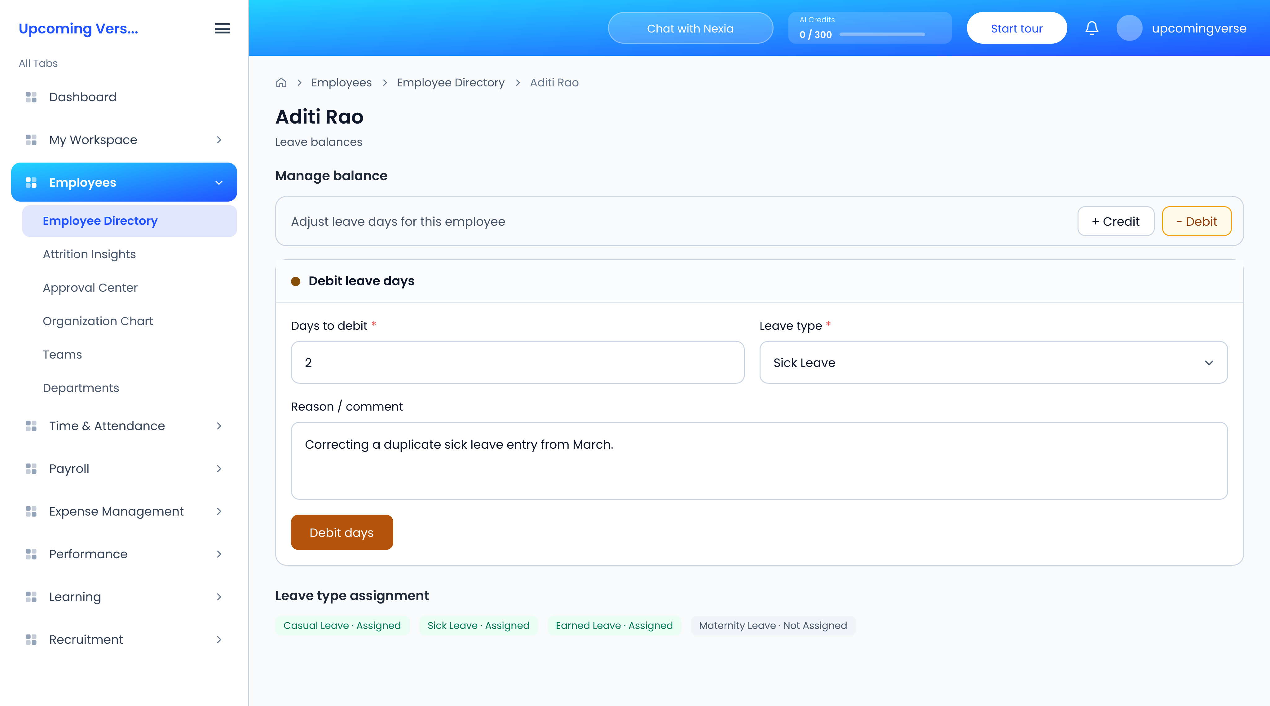 Manage balance with the Debit form open, above the leave types assigned to the employee