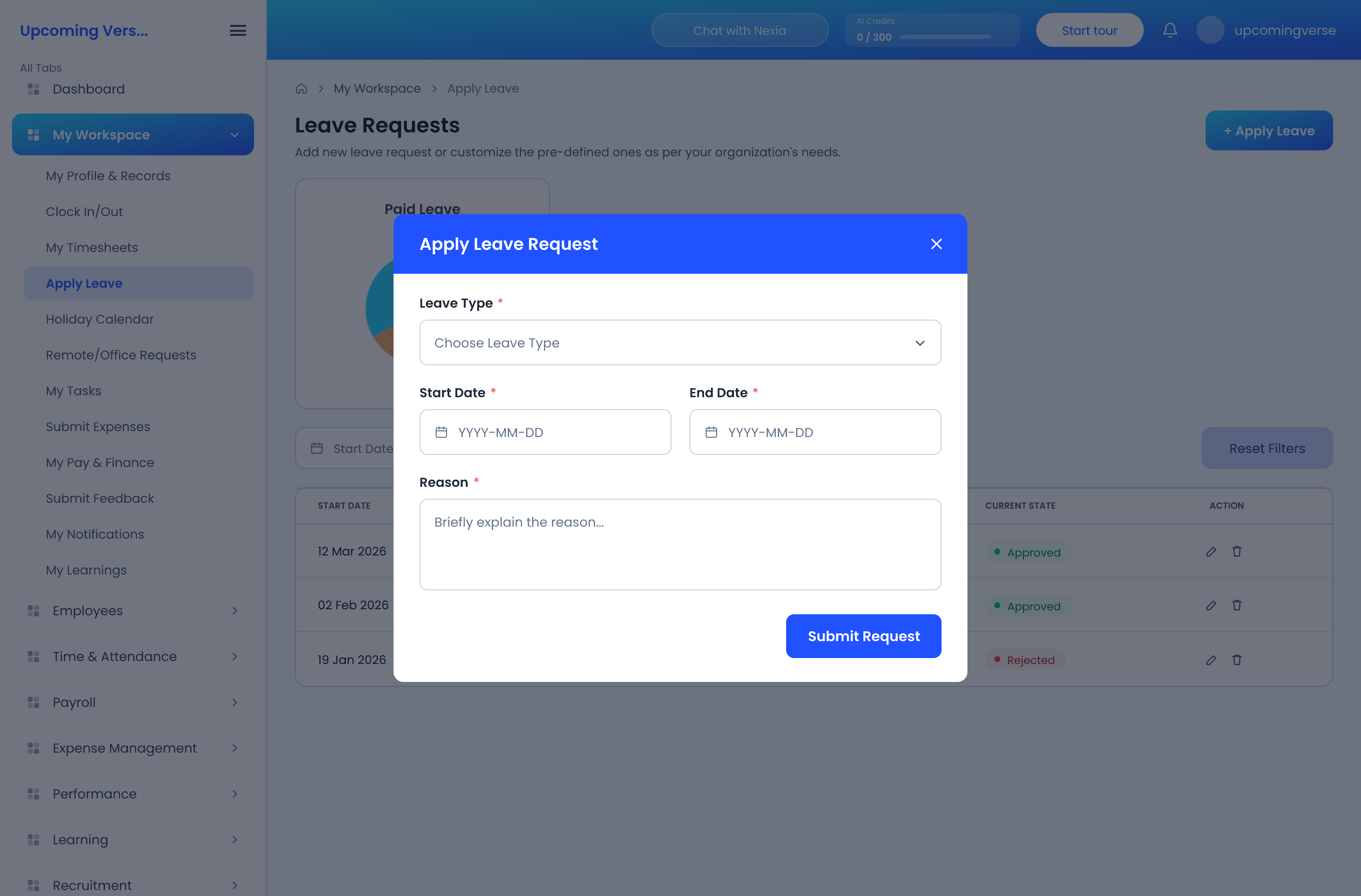 The Apply Leave dialog, showing leave type, start and end dates, day type for each end, and the reason field