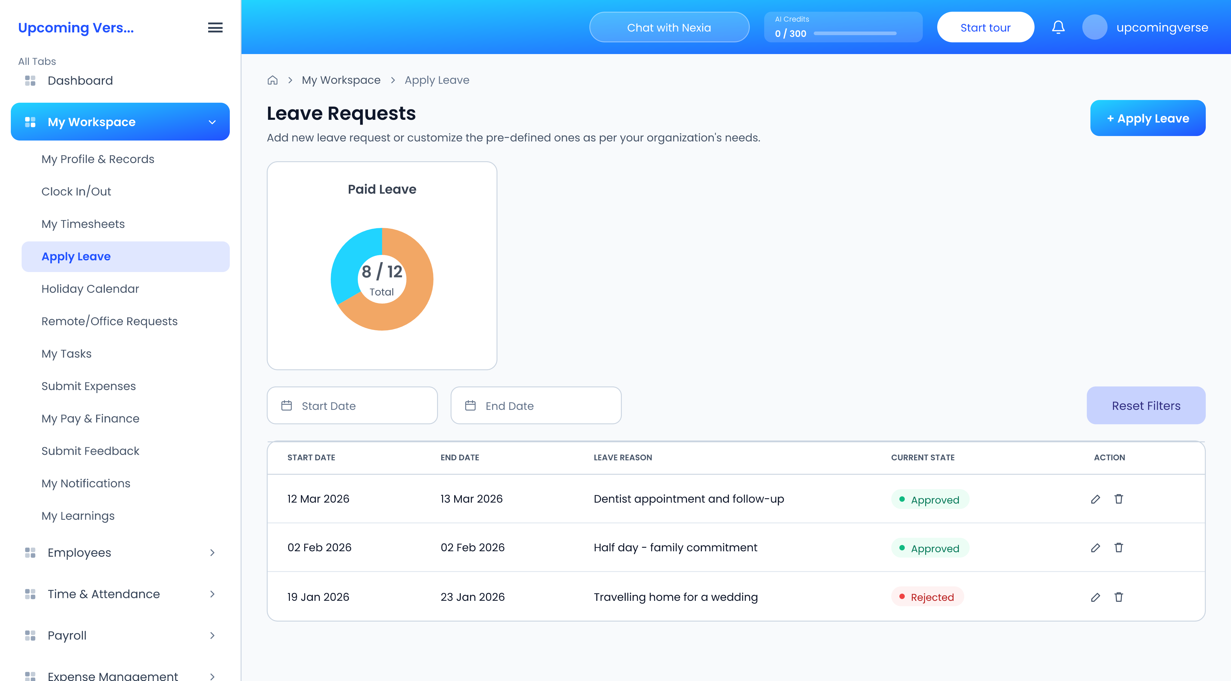 The Leave Requests screen, with remaining balance for each leave type above the table of past requests