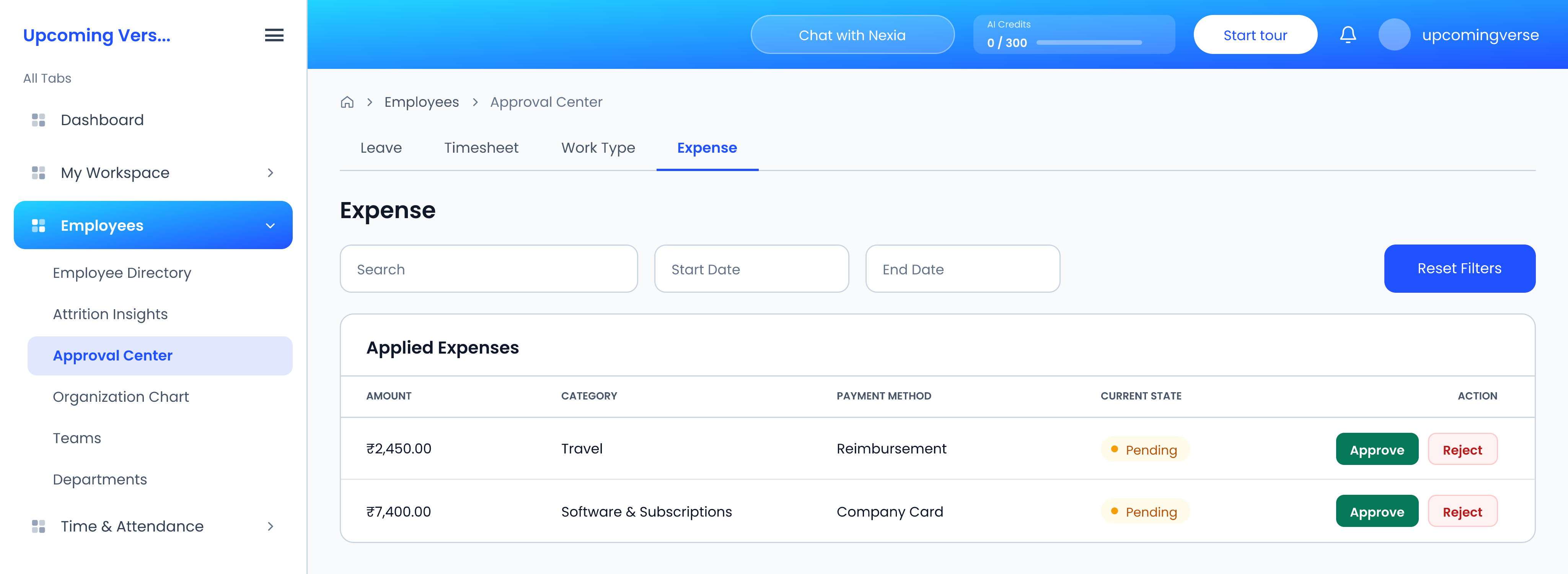 The same screen on the Expense tab -- a separate queue, behind a separate permission