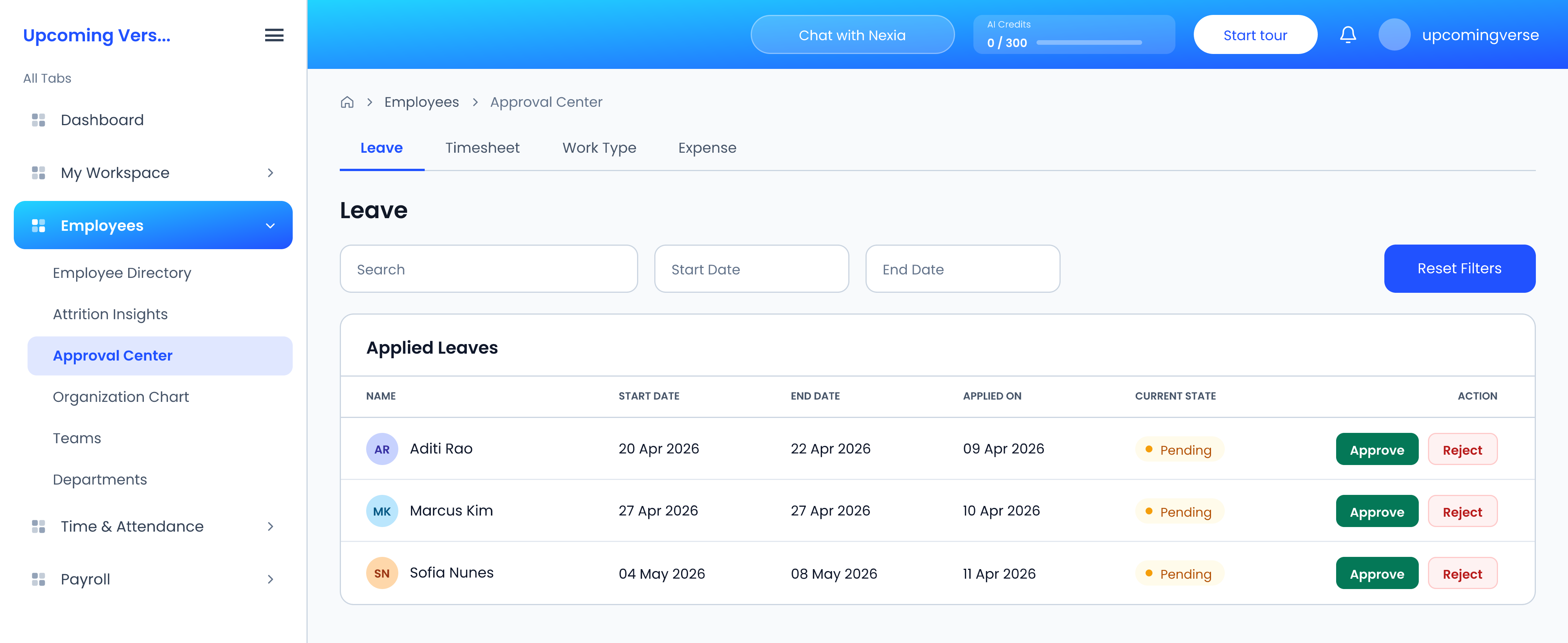 The Approval Center on the Leave tab, listing the requests waiting on a decision