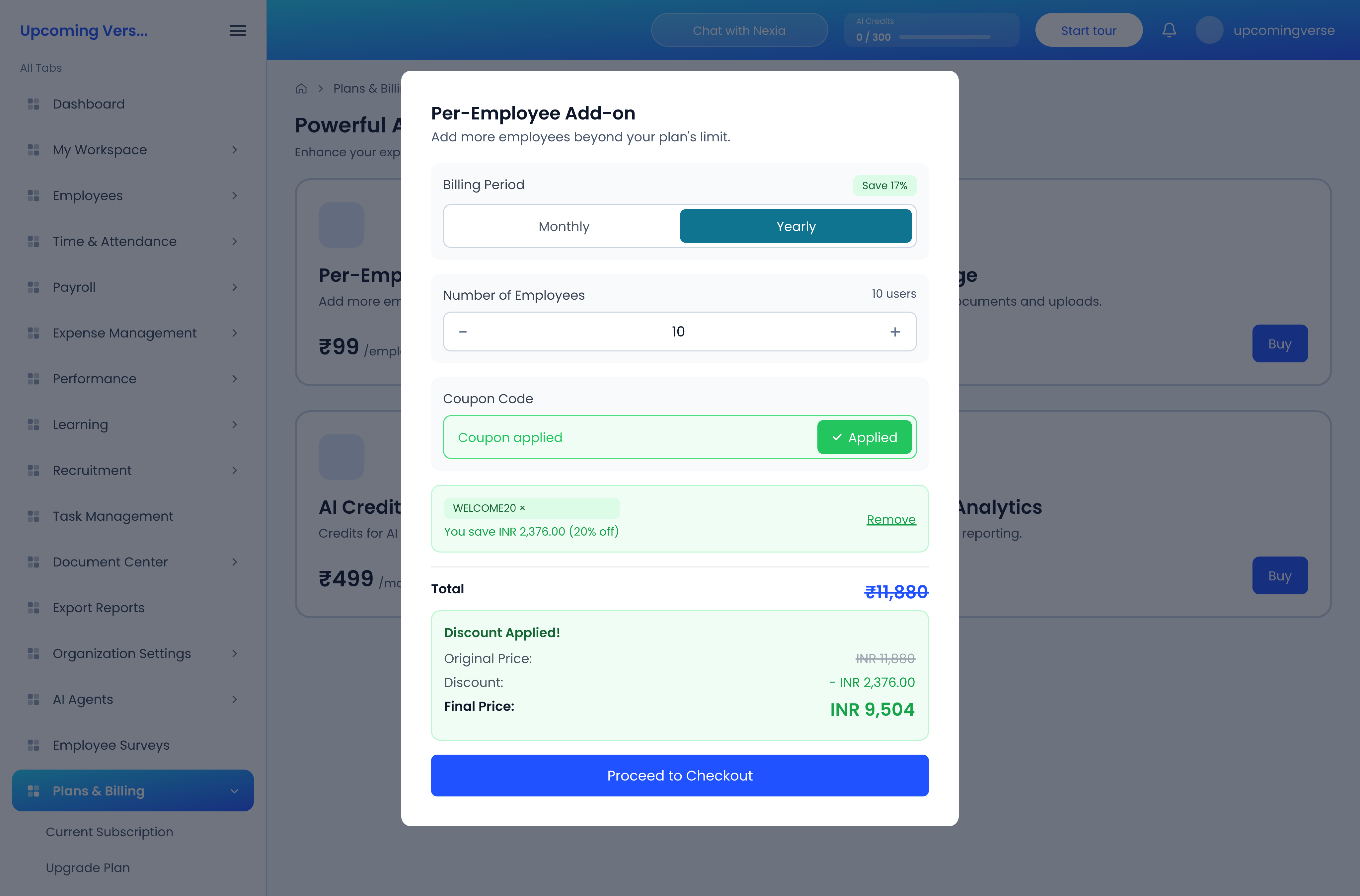 The add-on Buy dialog with a coupon applied, showing the original price, discount and final price