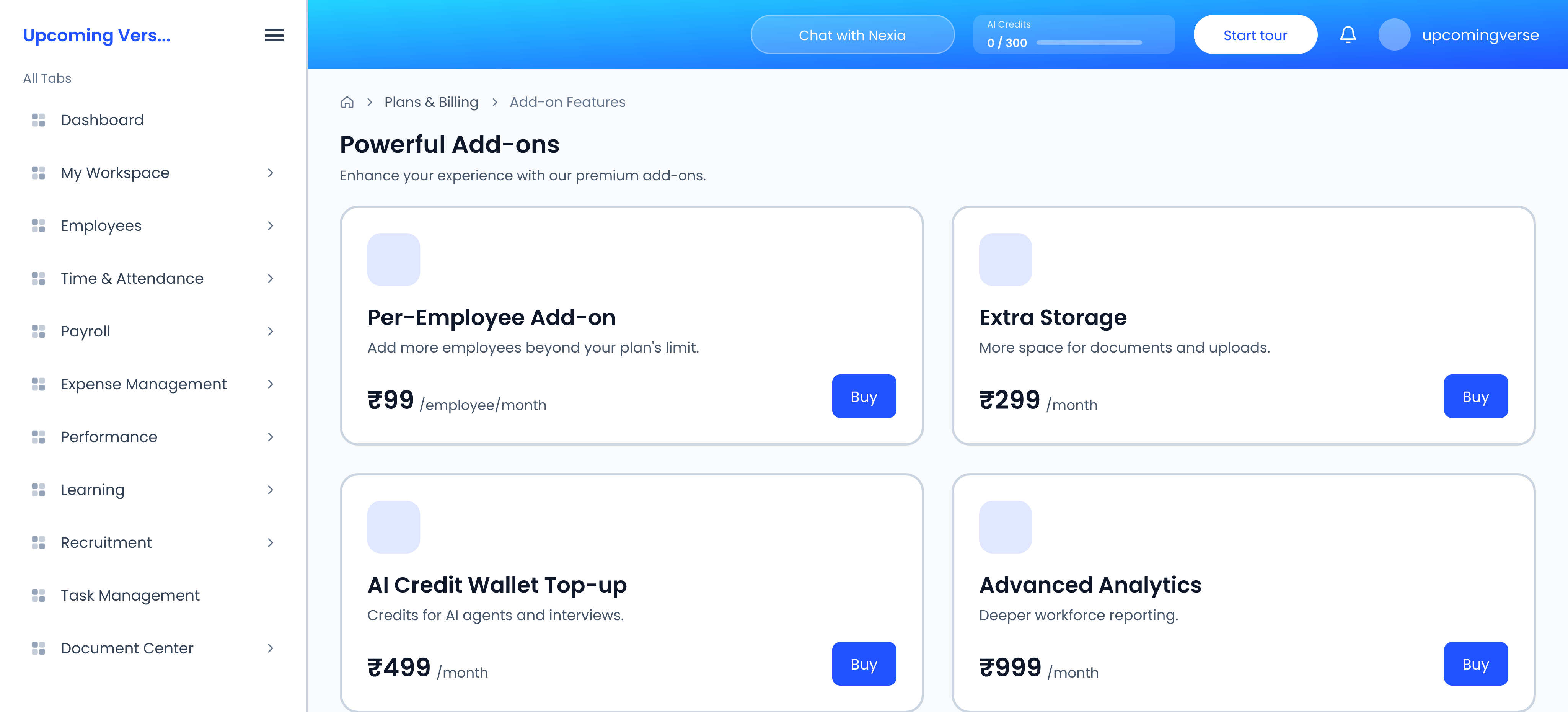 Add-on Features, with each add-on's price and its Buy button