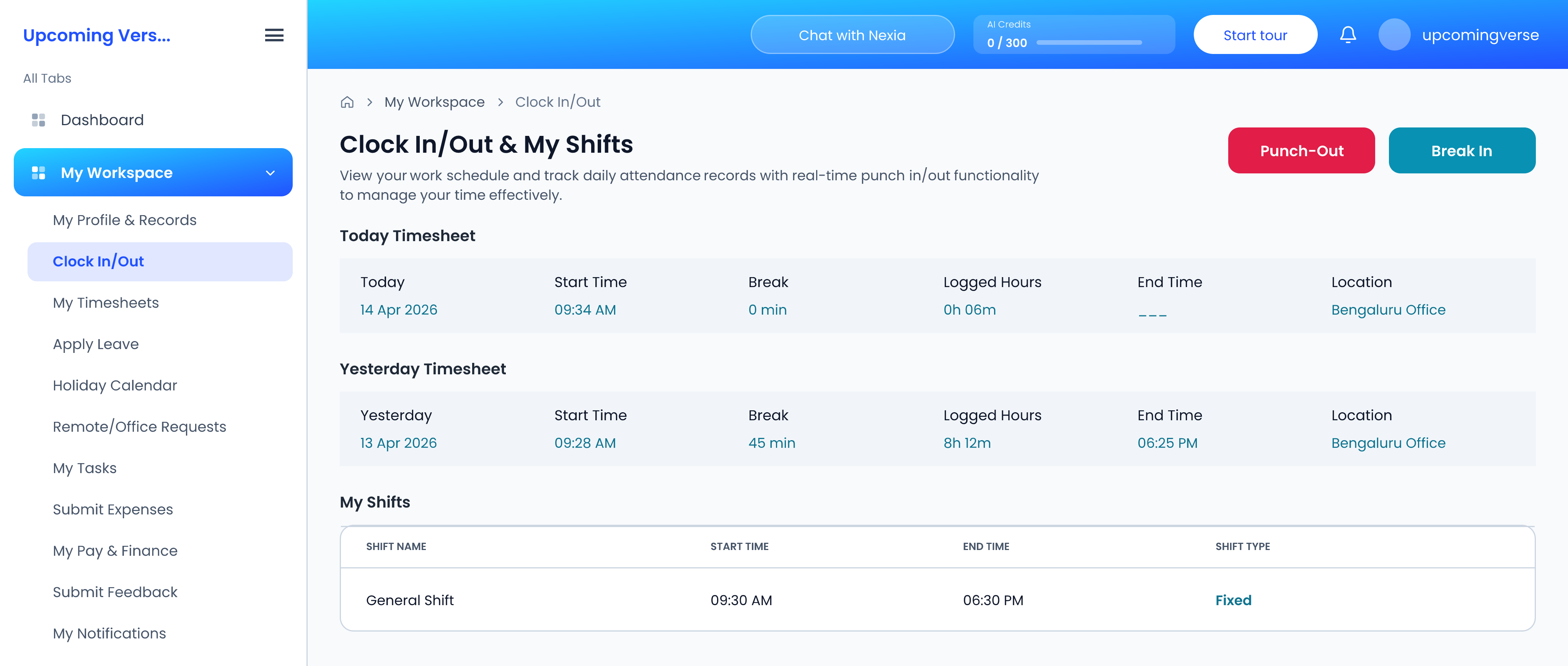 The same screen after punching in, with the start time recorded and the assigned shift shown below it