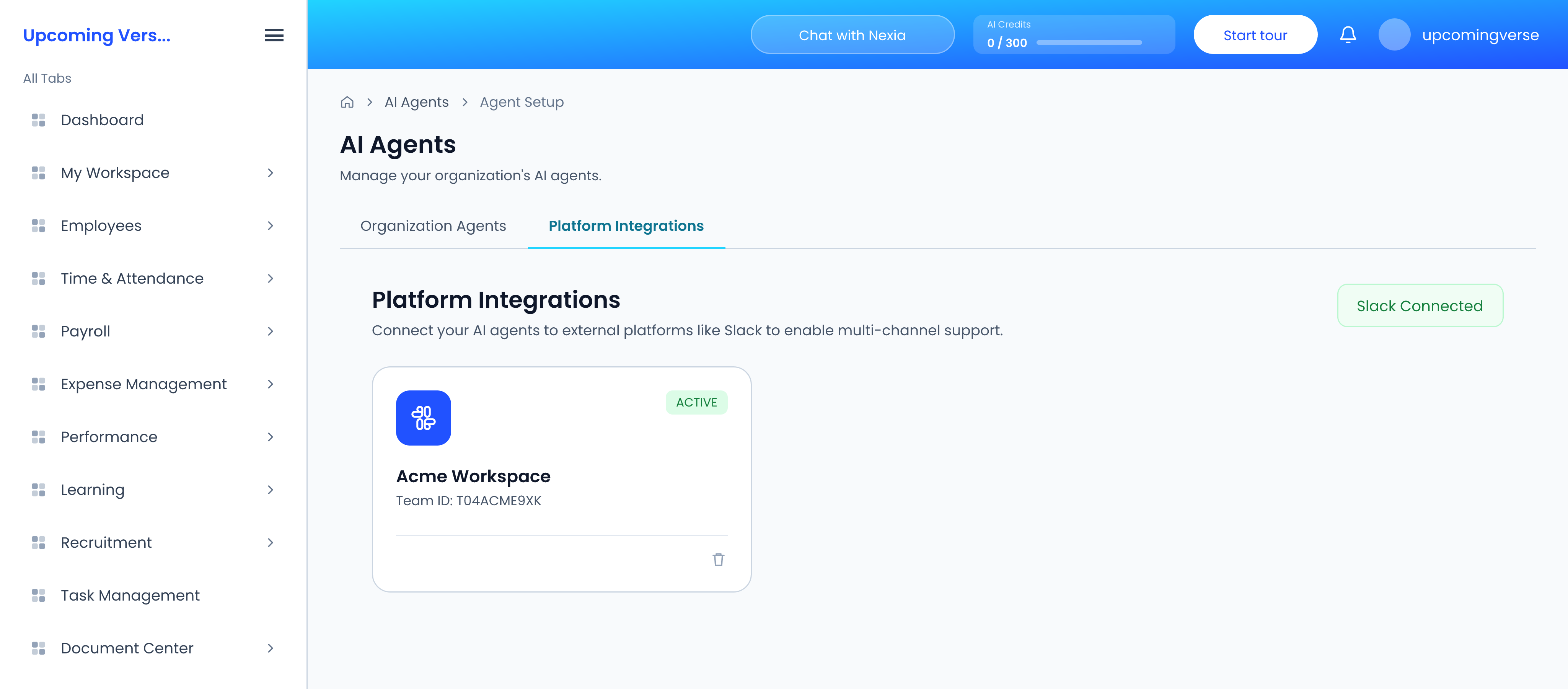 Agent Setup on the Platform Integrations tab, with Slack Connected and the workspace card marked Active