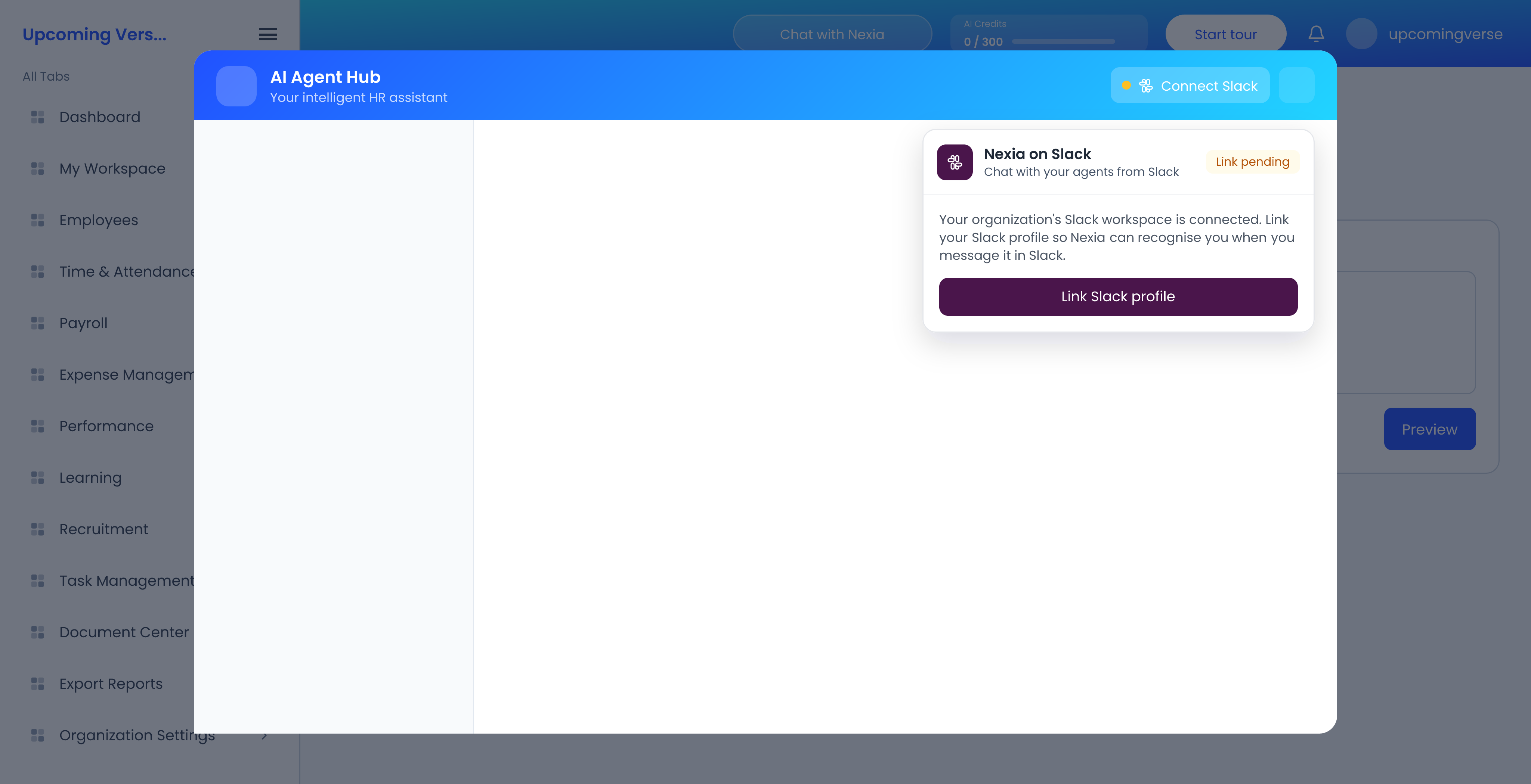 The Connect Slack card in the AI chat window, with the Link Slack profile button