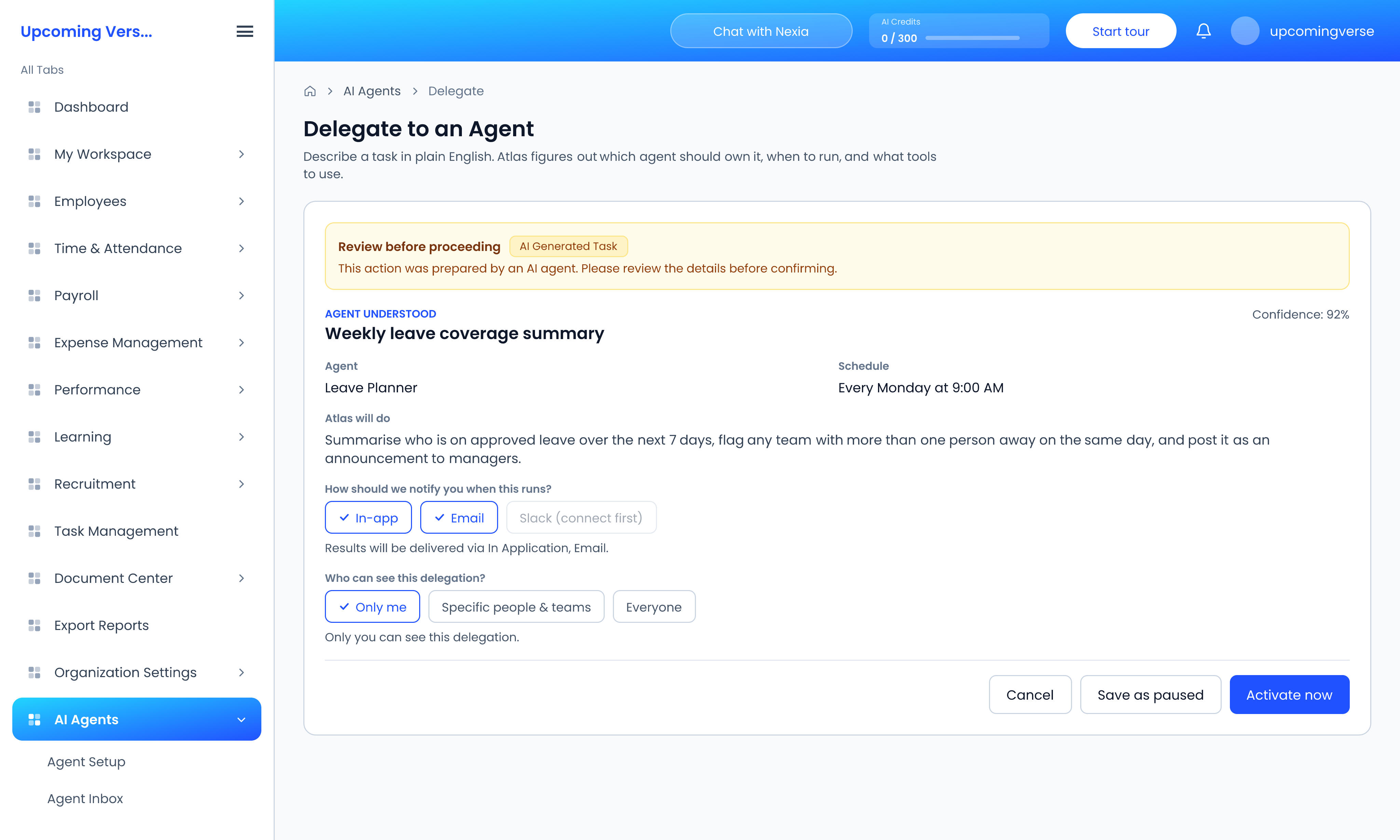 A delegation preview, with the agent, schedule, what it will do, notification channels and Activate now