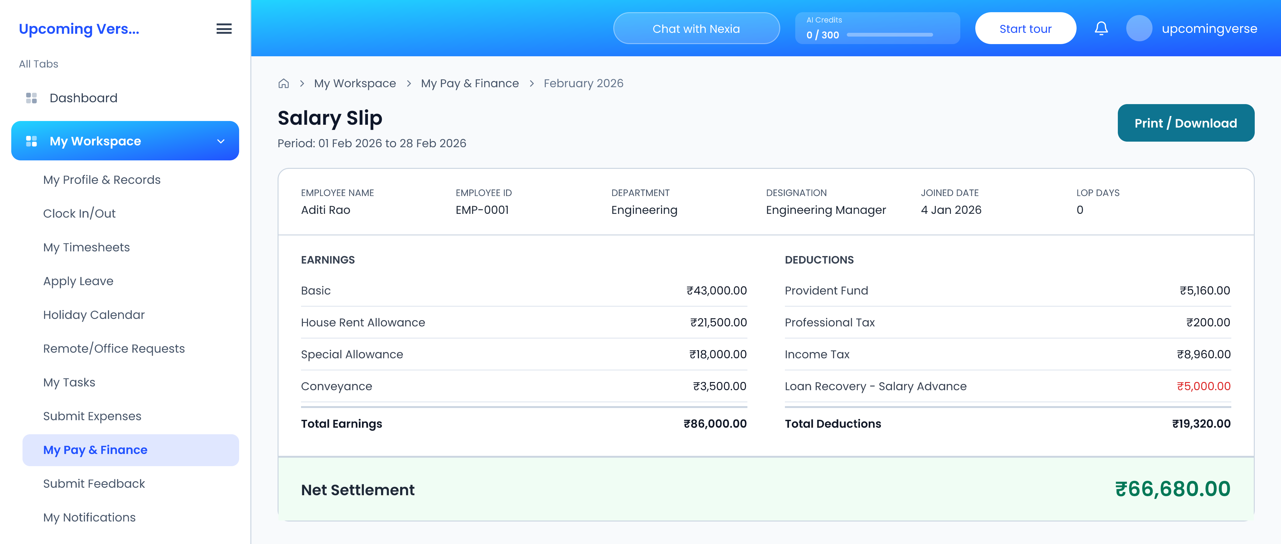 An open payslip, with every component listed as an earning or a deduction and the net figure at the foot