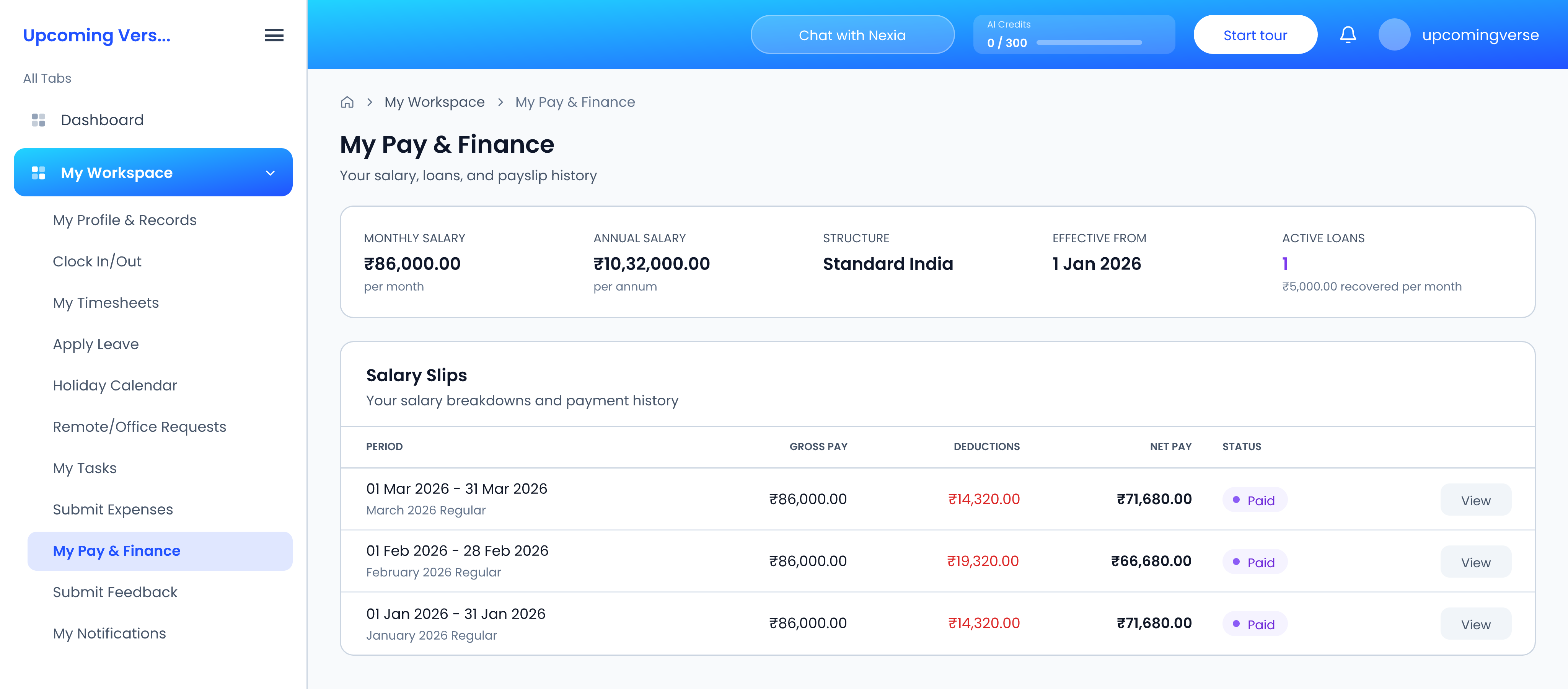 My Pay & Finance, listing each month with its gross pay, deductions and net pay, and a Paid status