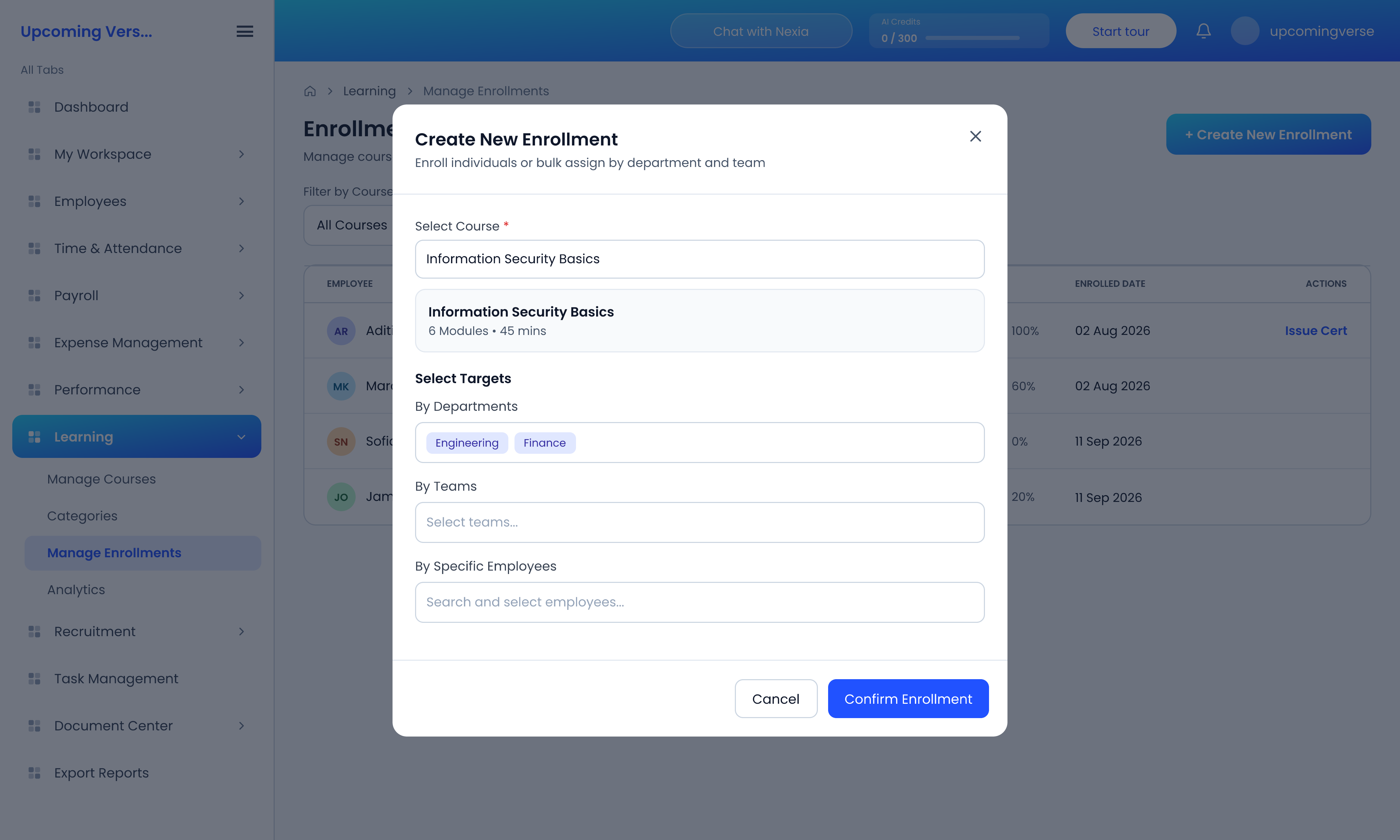 The Create New Enrollment dialog, with the course chosen and targets selected by department