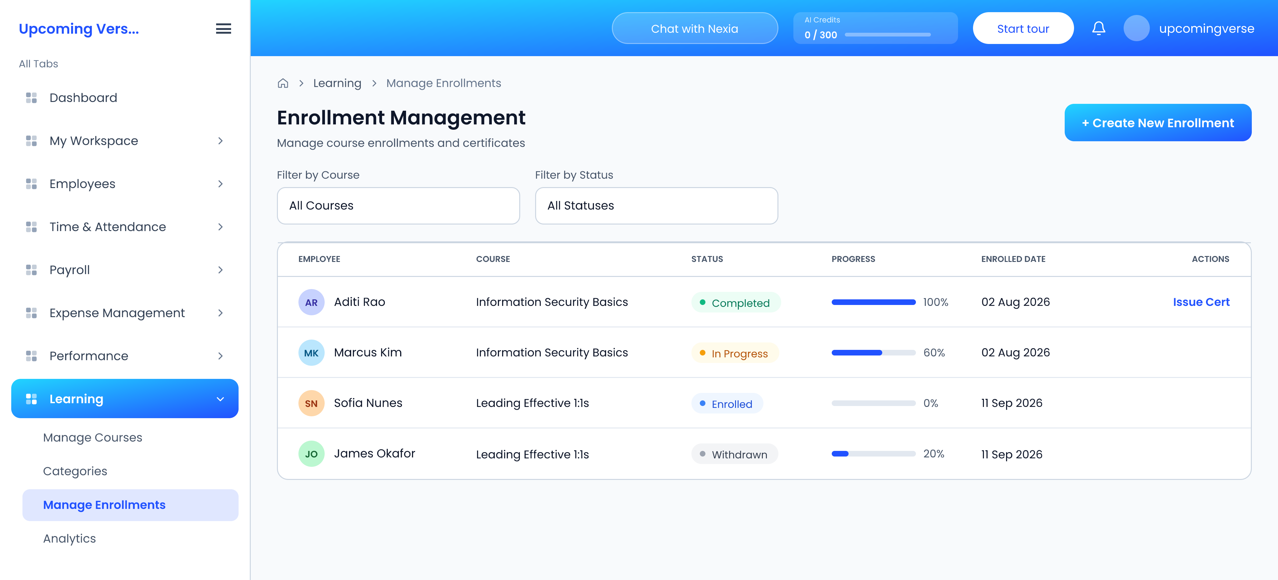 Enrollment Management, with each enrollment's status and progress, and Issue Cert on a completed one
