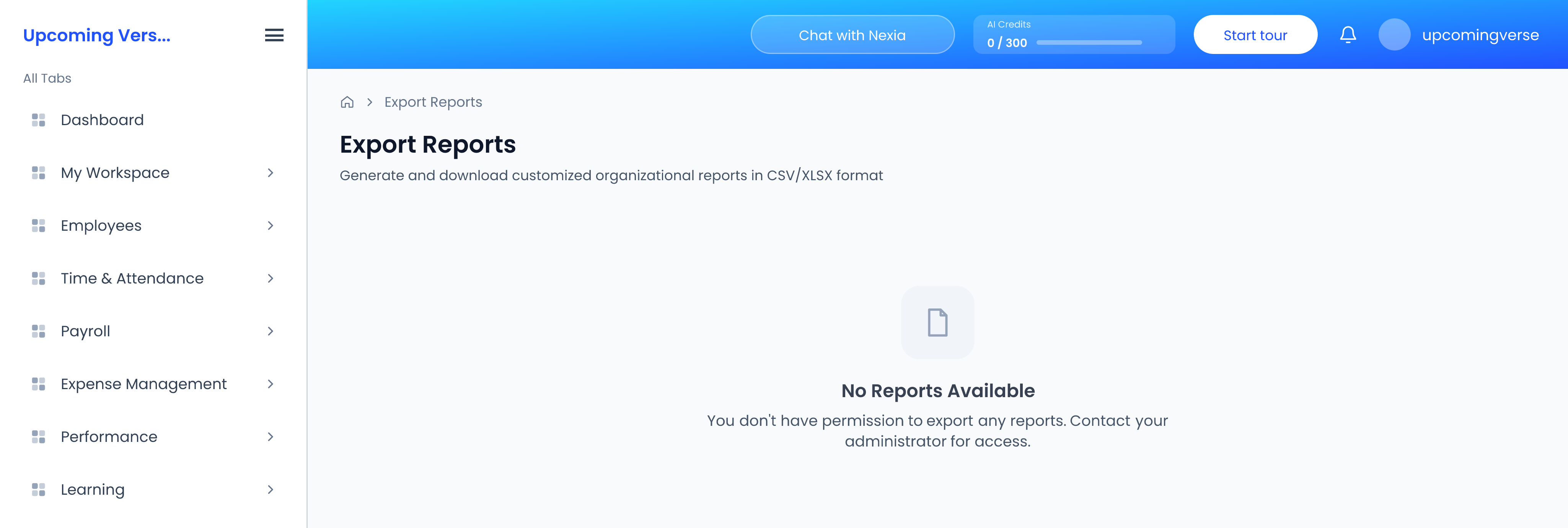 Export Reports showing No Reports Available, with the reason underneath