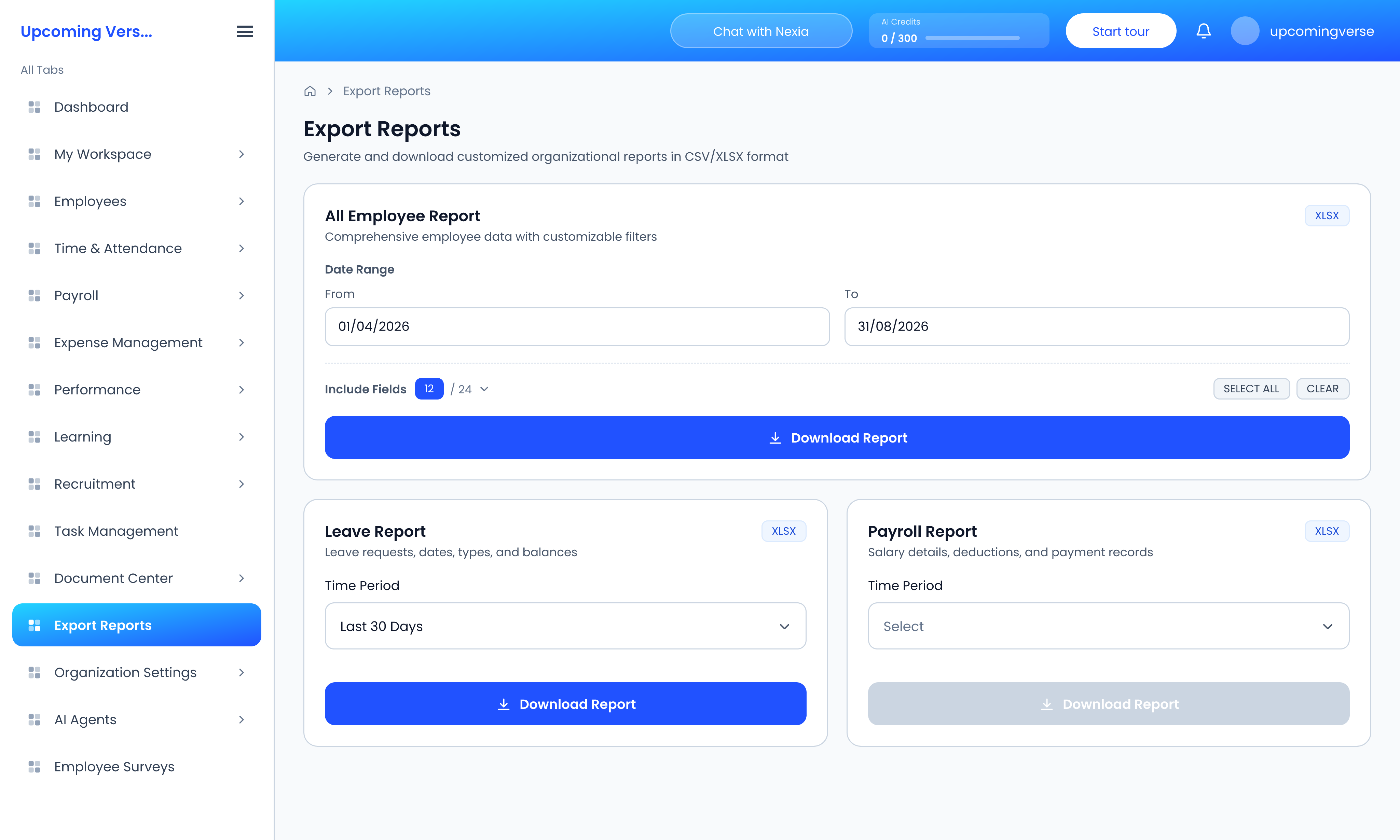 Export Reports, with the All Employee Report's date range and Include Fields above smaller report cards