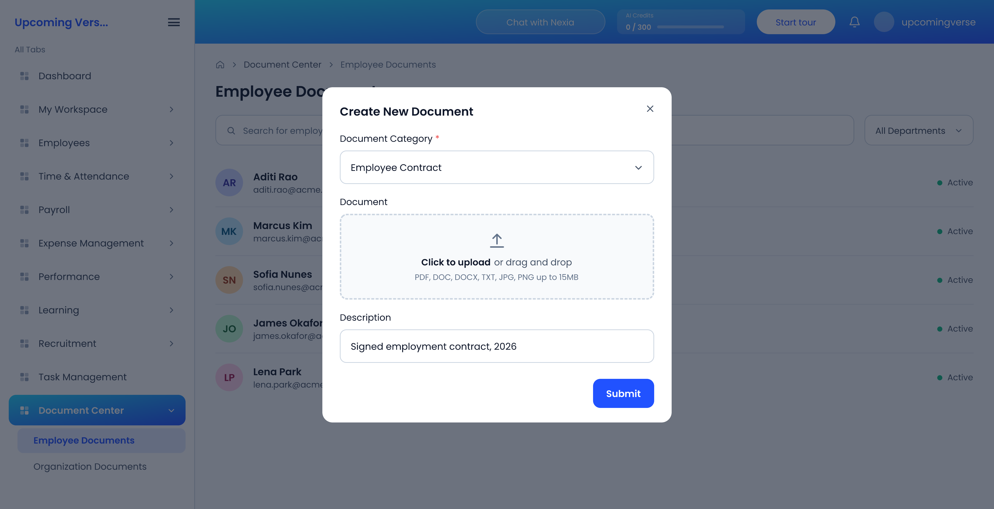 The Create New Document dialog, with the document category, the upload area and a description