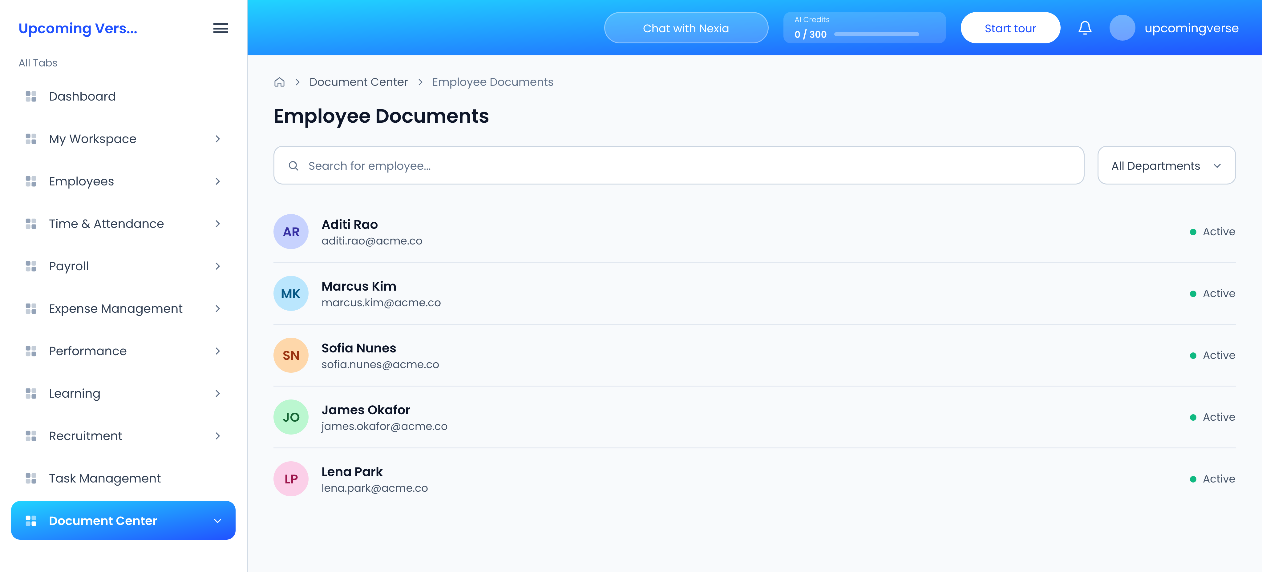Employee Documents, with the employee search, the department filter and the list of employees to pick from
