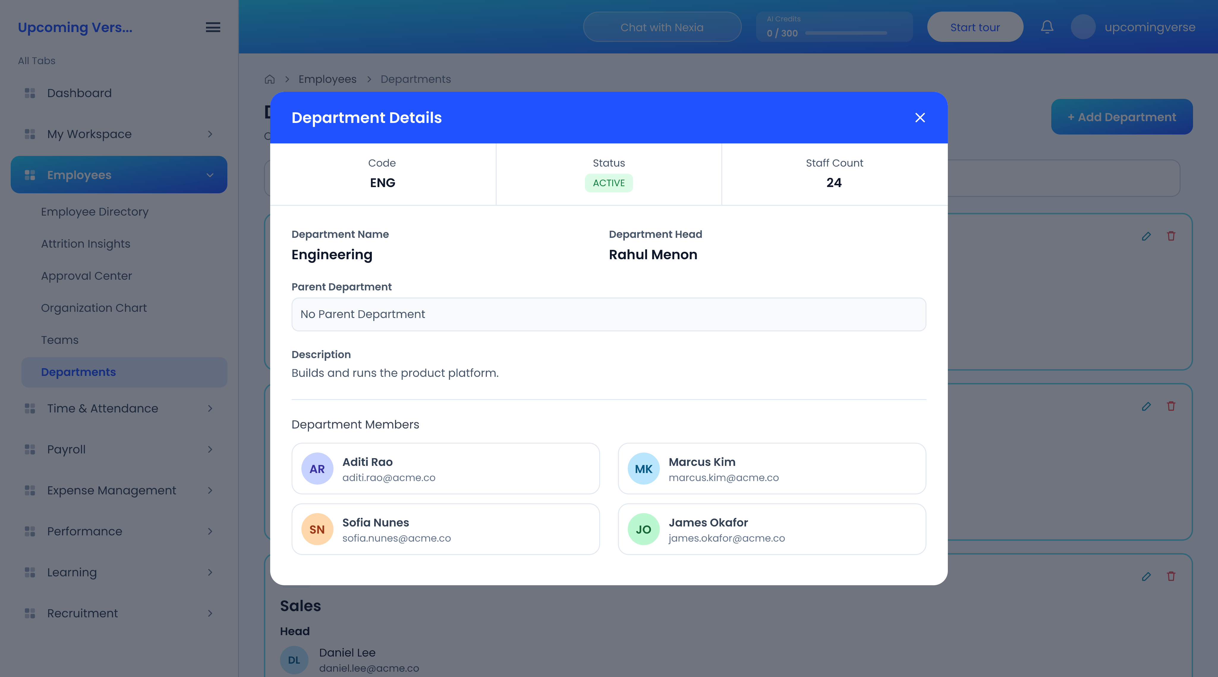 The Department Details dialog, with the department's code, status, head and members