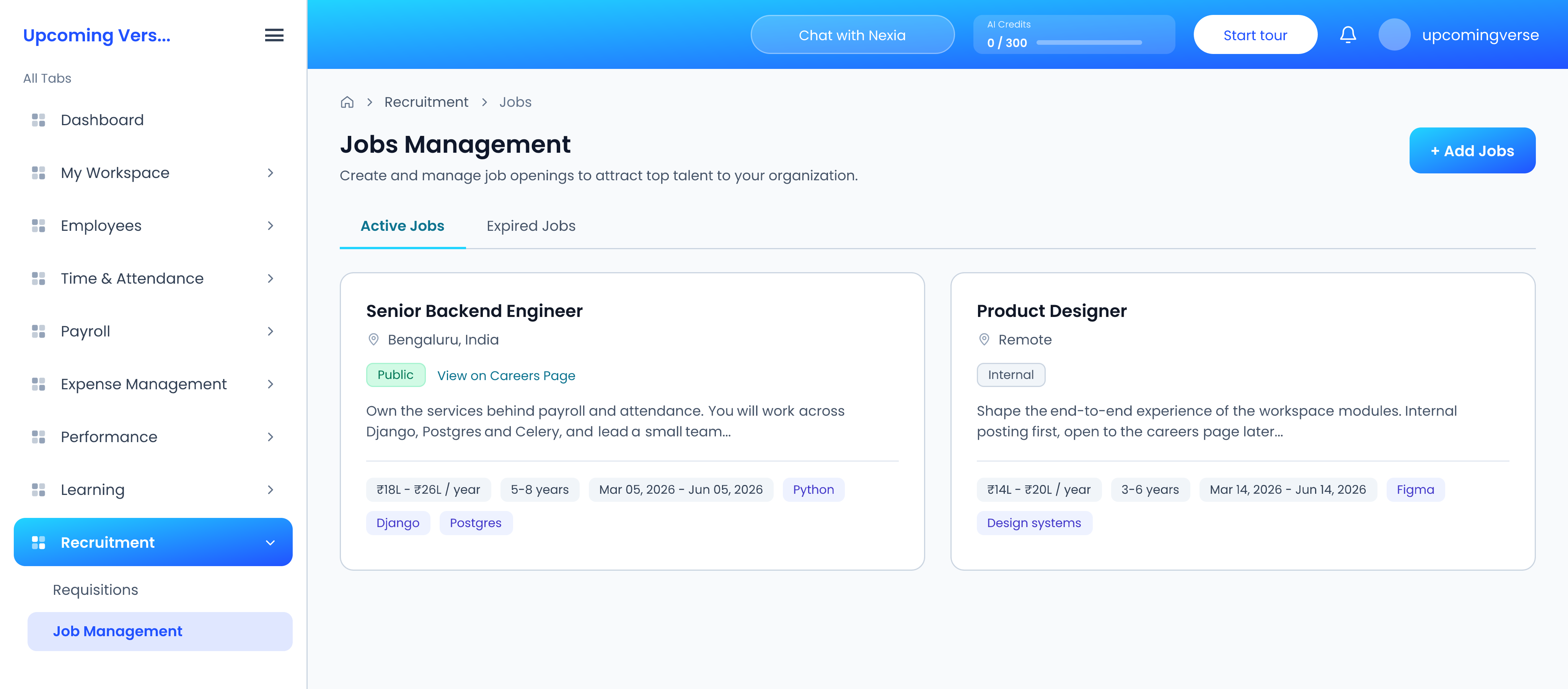 Jobs Management, showing one job posted as Public and one kept Internal