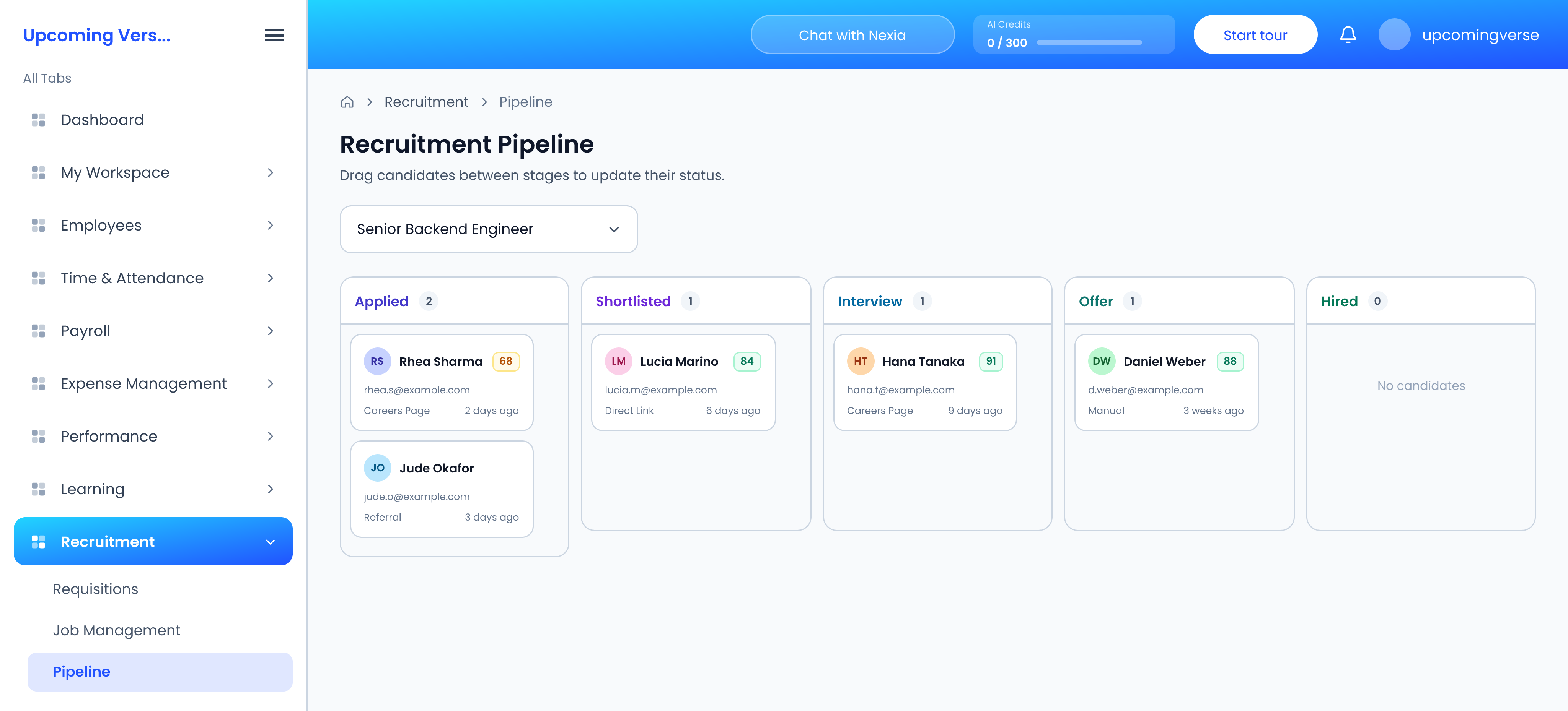 The Pipeline board, where dragging a candidate's card between columns is what changes their status