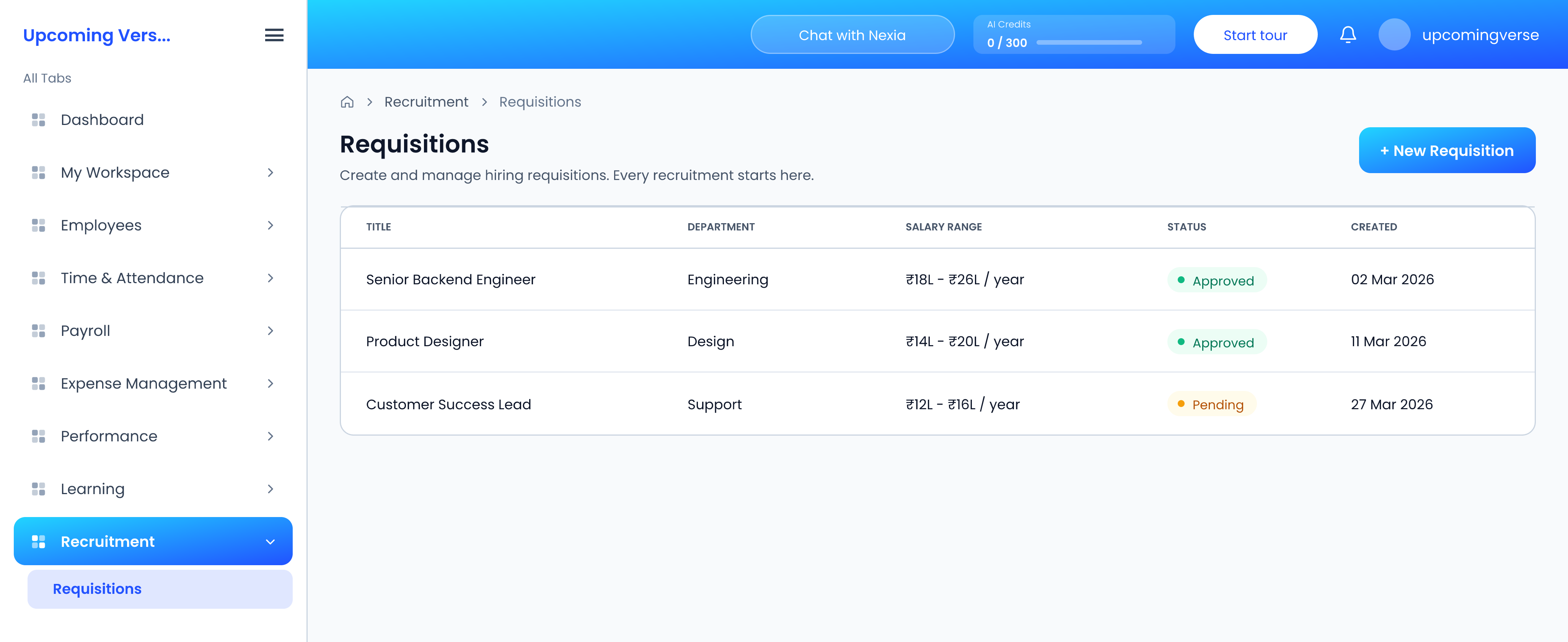 The Requisitions screen, where the headcount is raised and approved before a job can be created