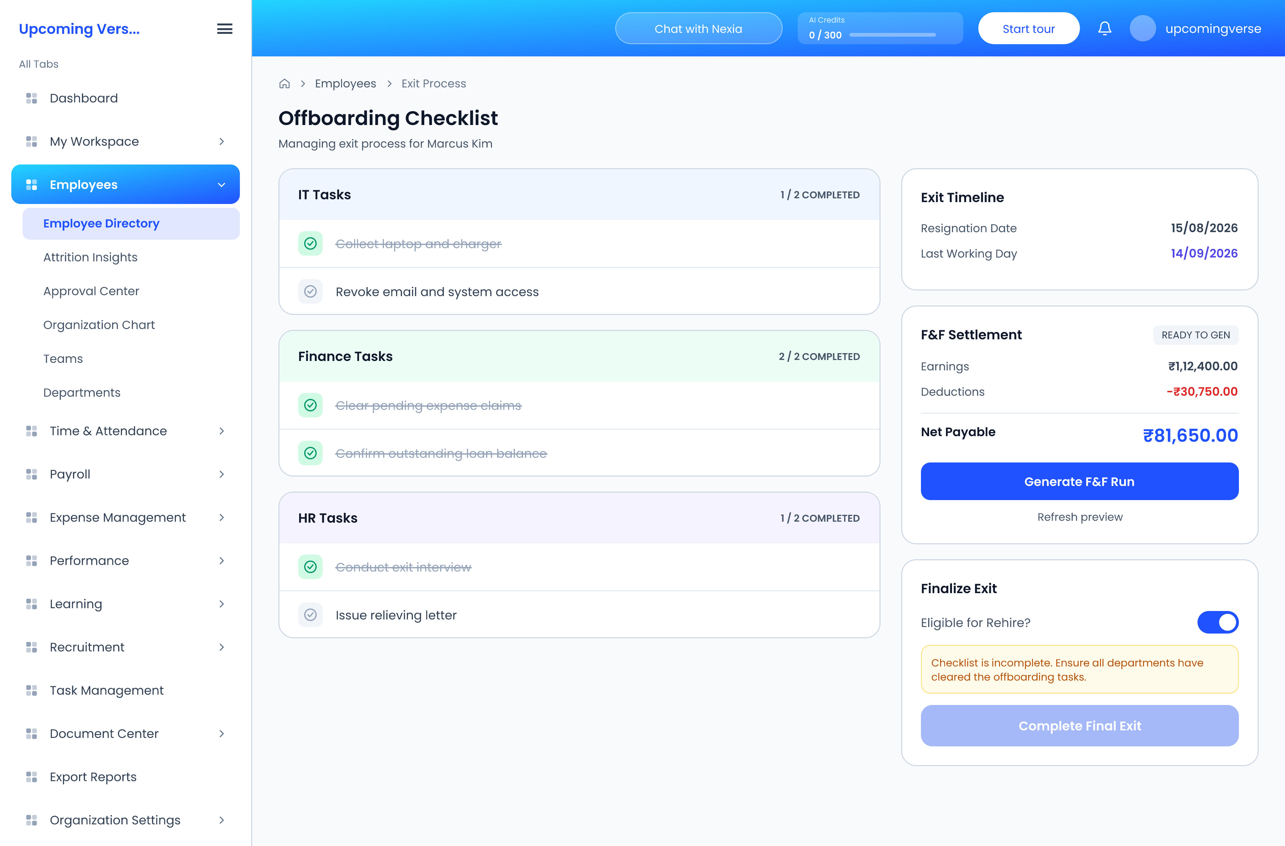 The Exit Process page, with the offboarding checklist, the F&F Settlement preview and Complete Final Exit