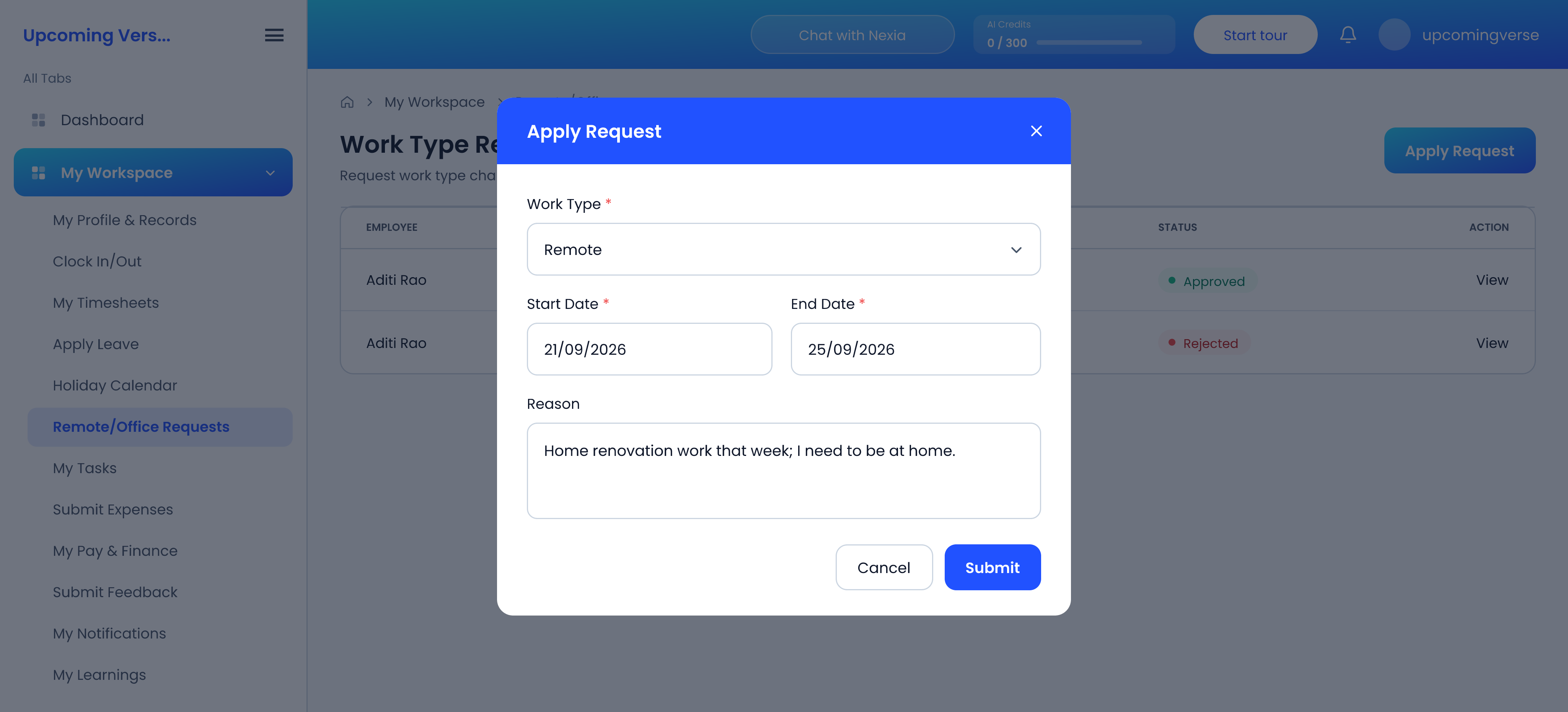 The Apply Request dialog, with work type Remote, start and end dates, and a reason
