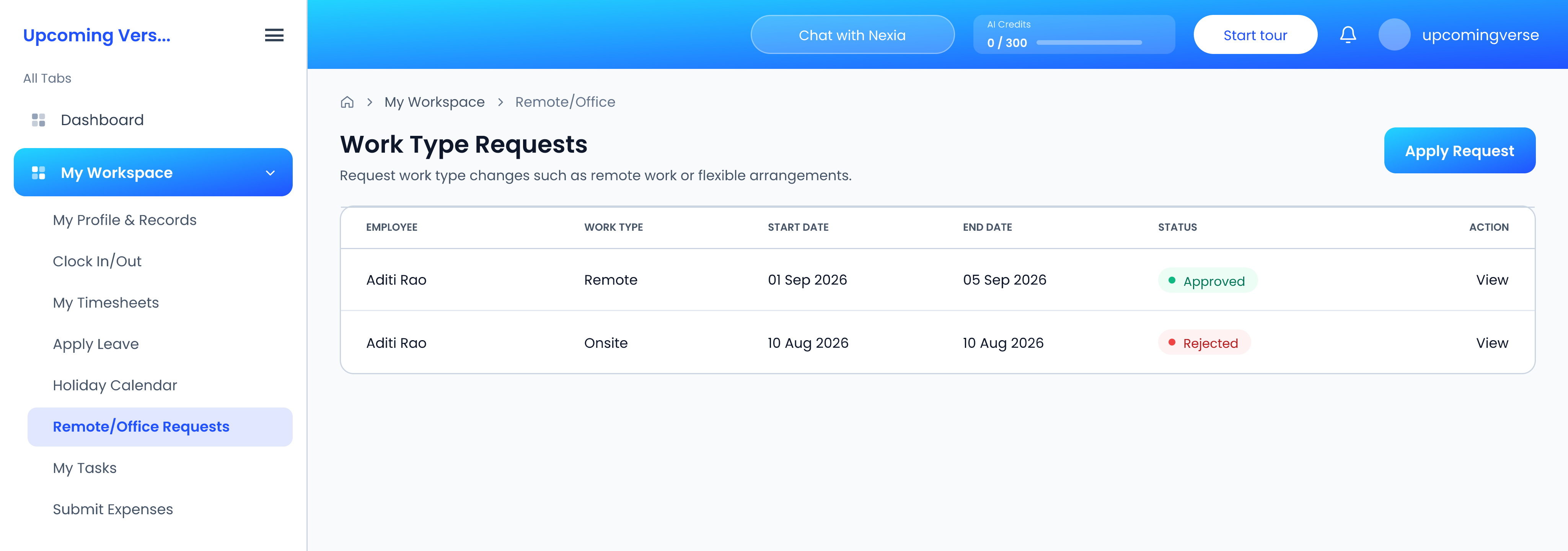 Work Type Requests, listing each request's work type, dates and status, with Apply Request