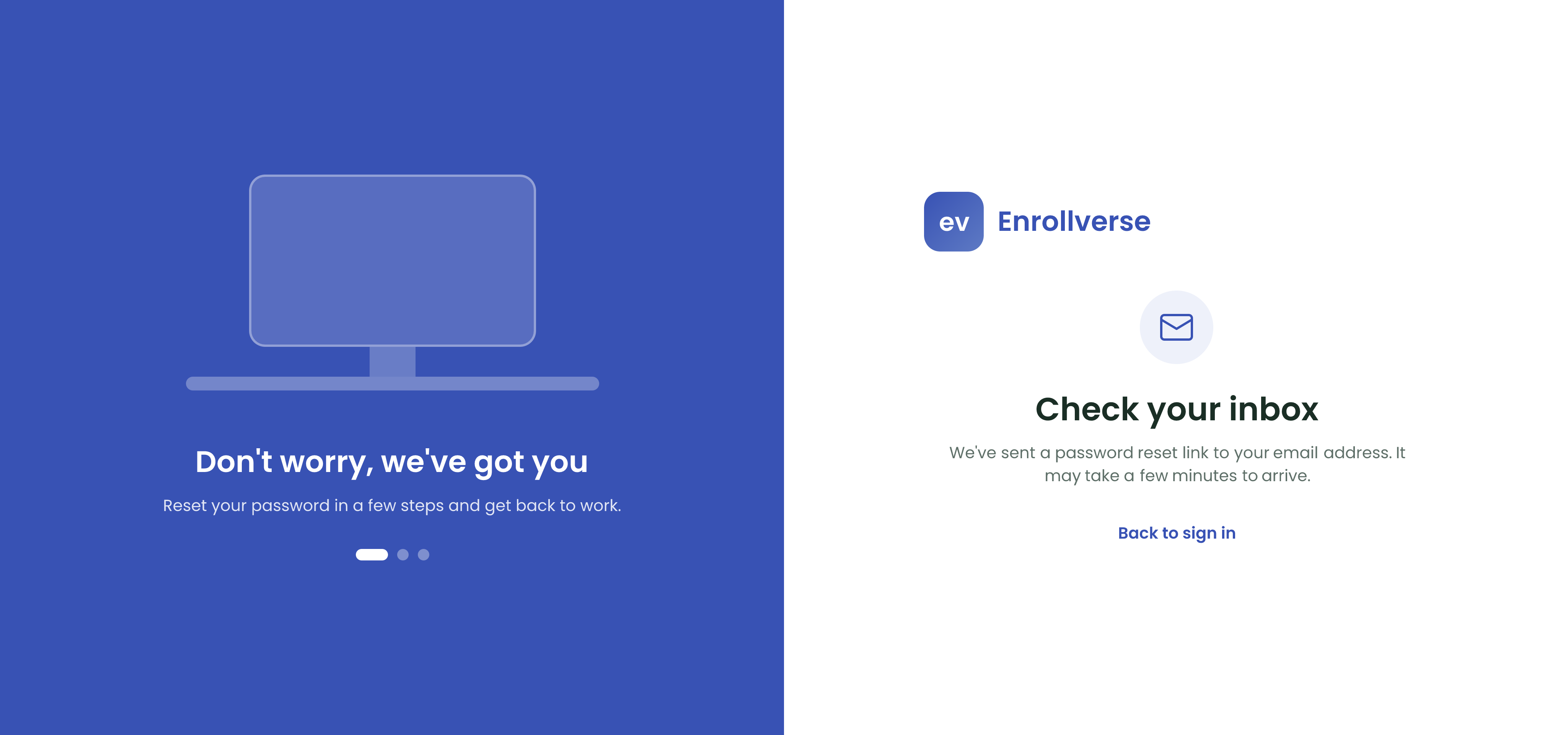 The Check your inbox screen shown after the reset link is sent