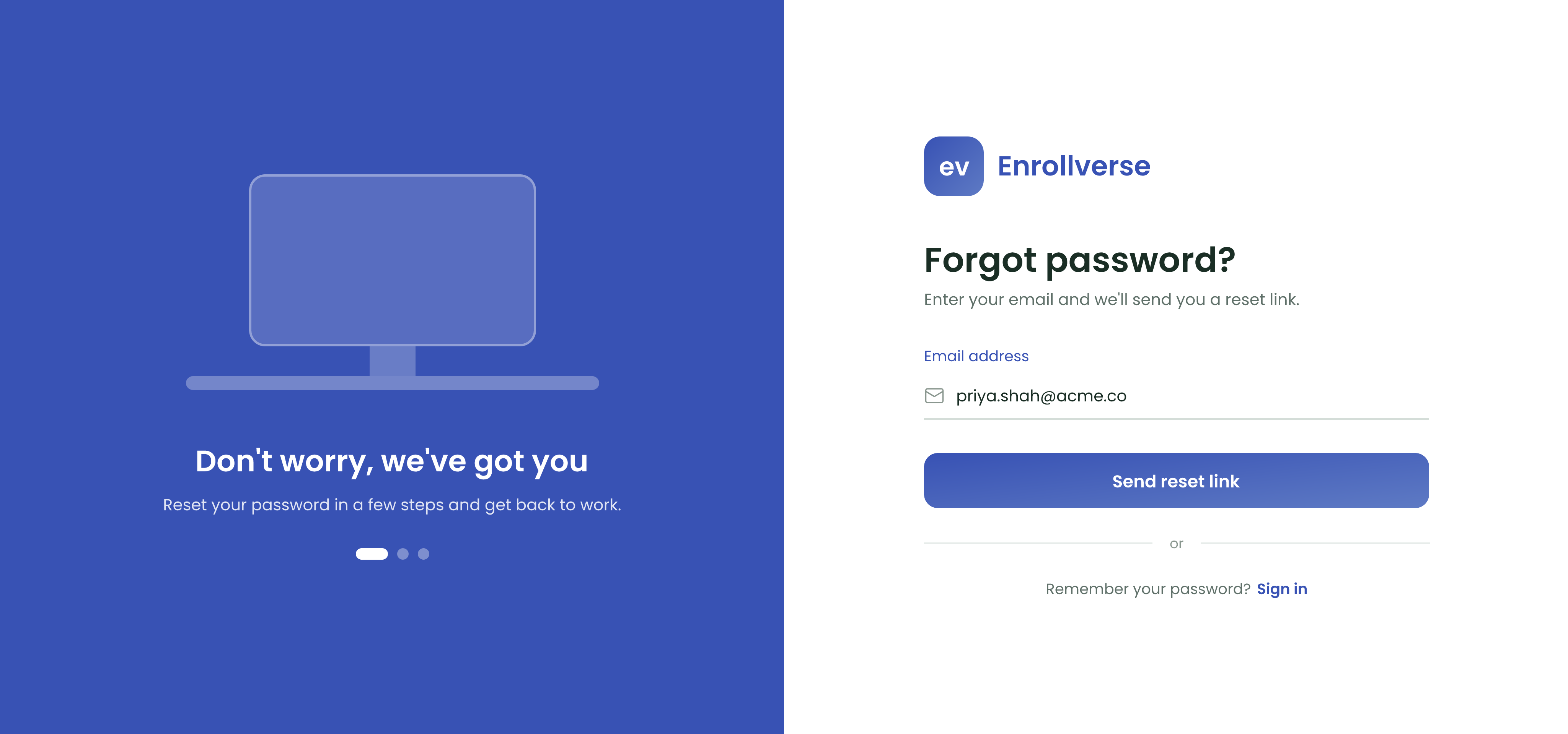 The Forgot password screen, with an email address entered above the Send reset link button