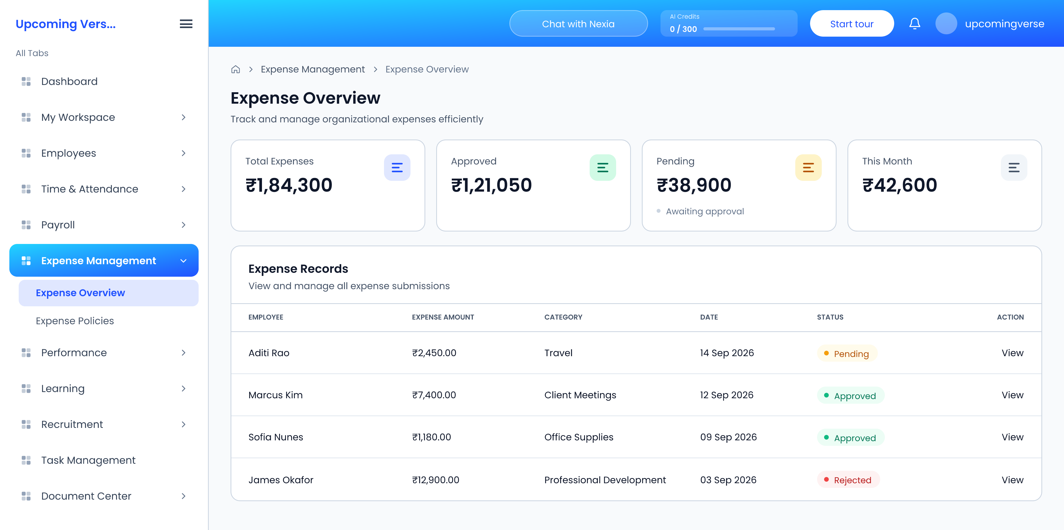 Expense Overview, with total, approved, pending and this month's figures above the expense records