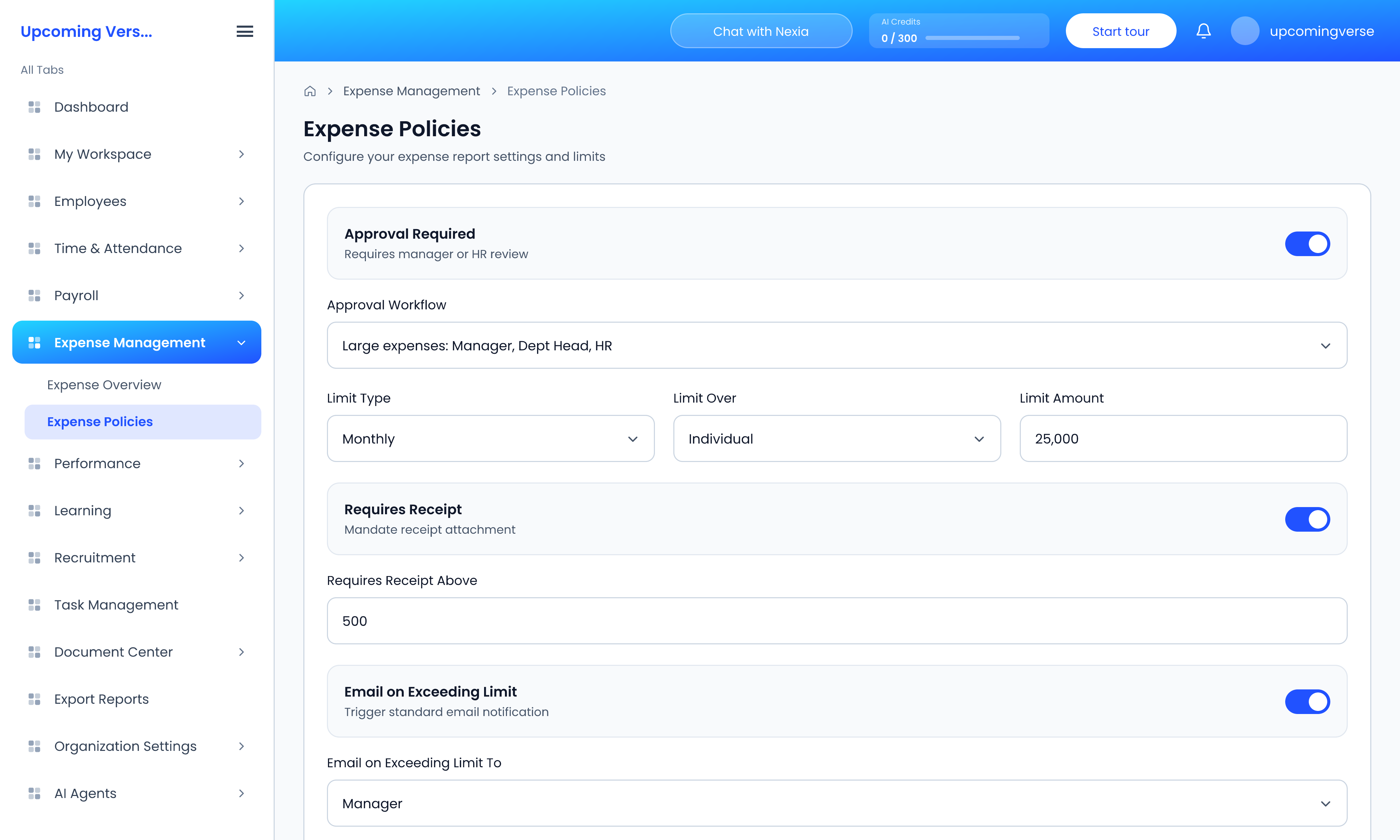 Expense Policies, with approval, limit type, limit over, limit amount and receipt settings