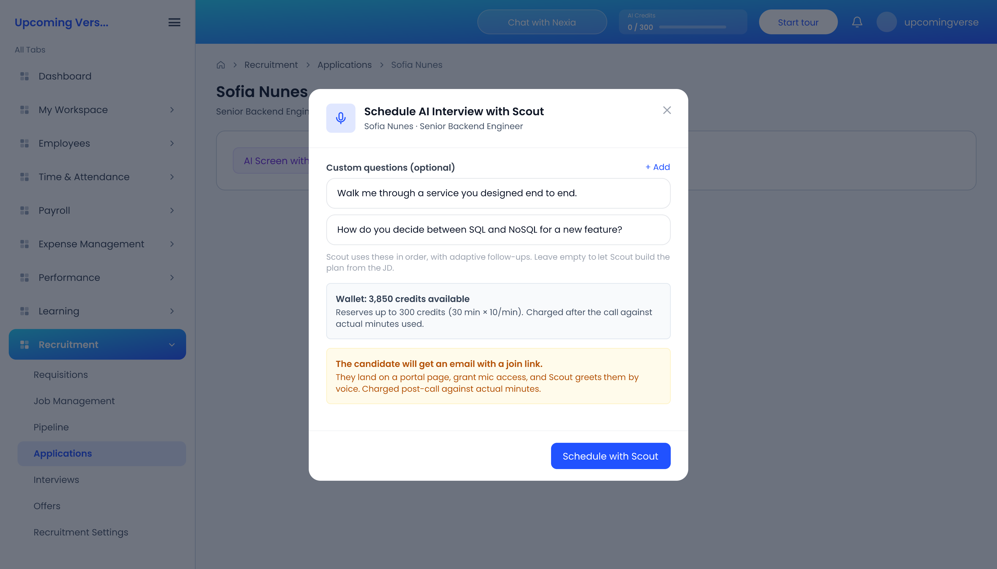 The Schedule AI Interview with Scout dialog, with custom questions, the credit reservation and Schedule with Scout