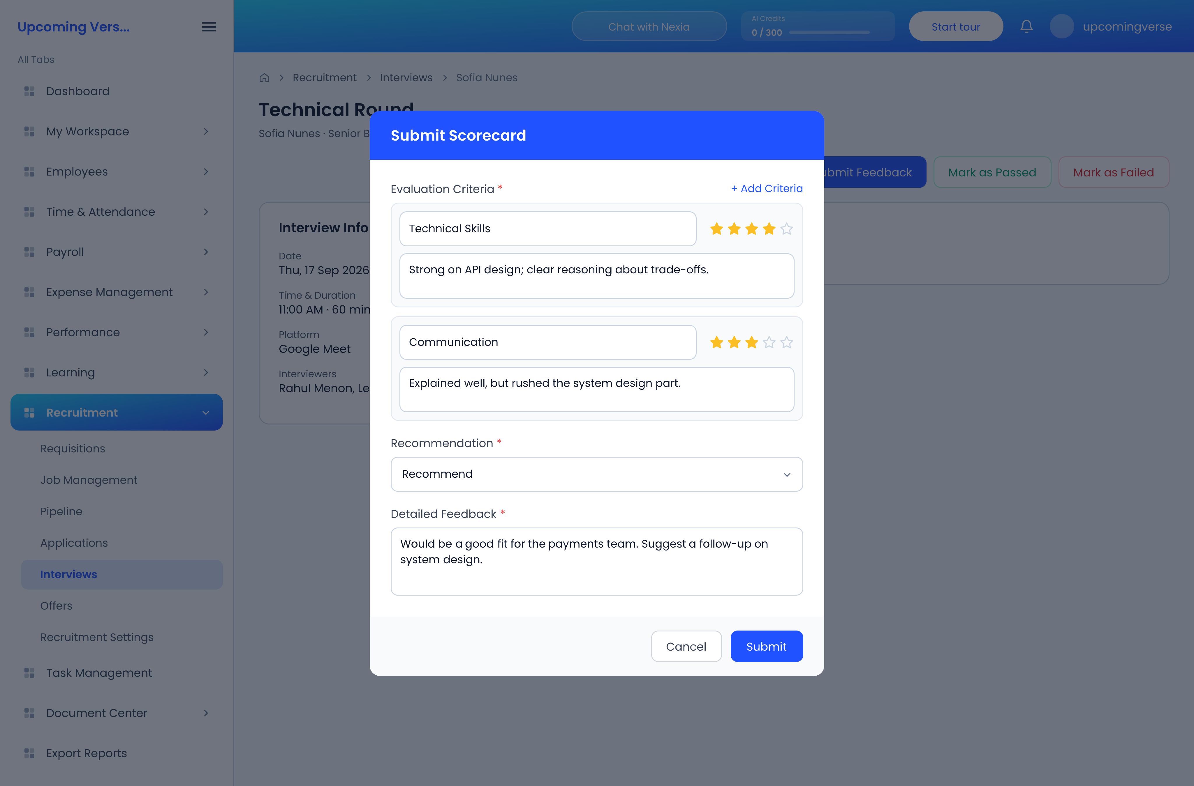 The Submit Scorecard dialog, with star-rated criteria, a recommendation and detailed feedback