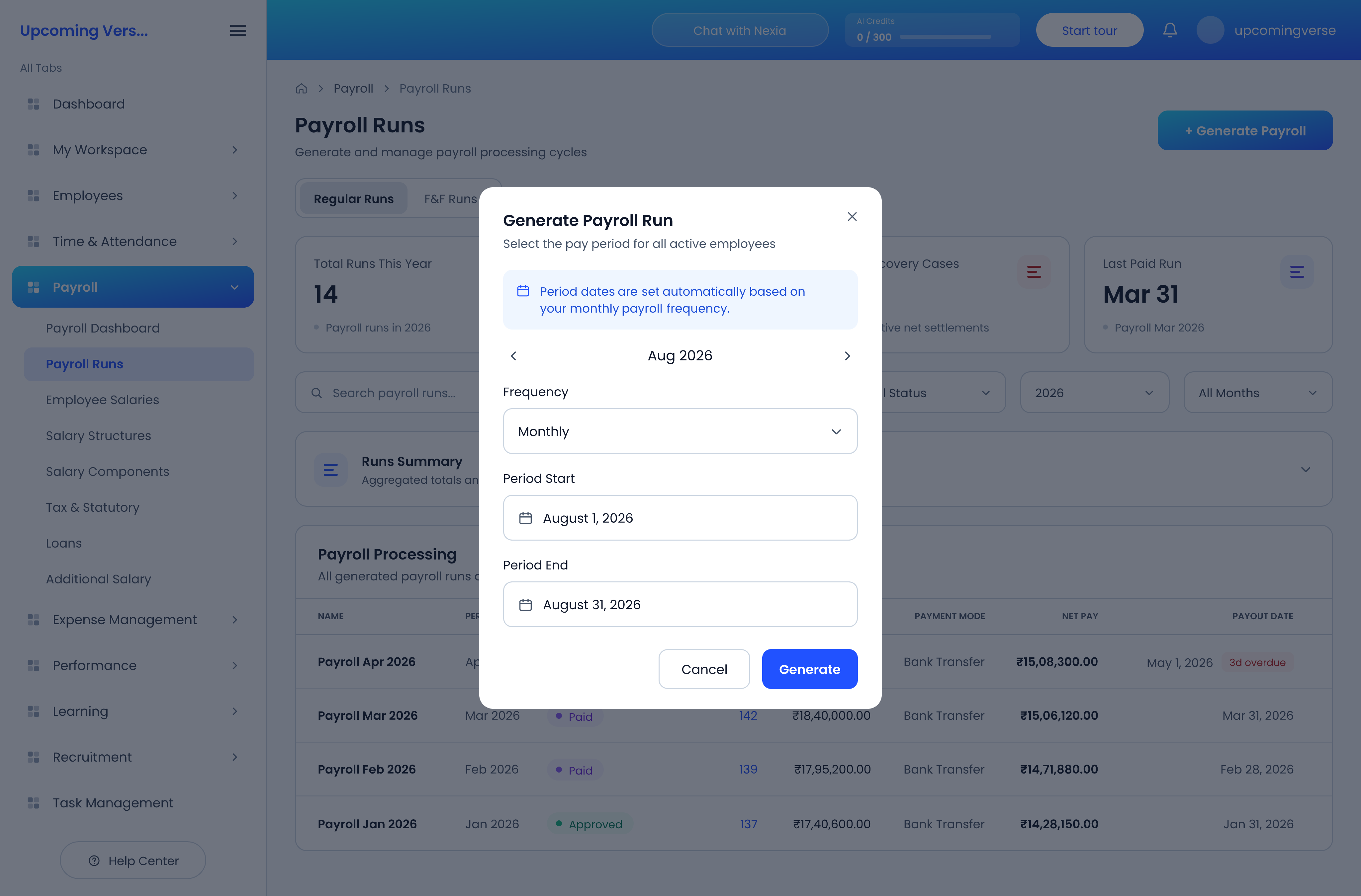 The Generate Payroll Run dialog, where the frequency and the period being paid are chosen