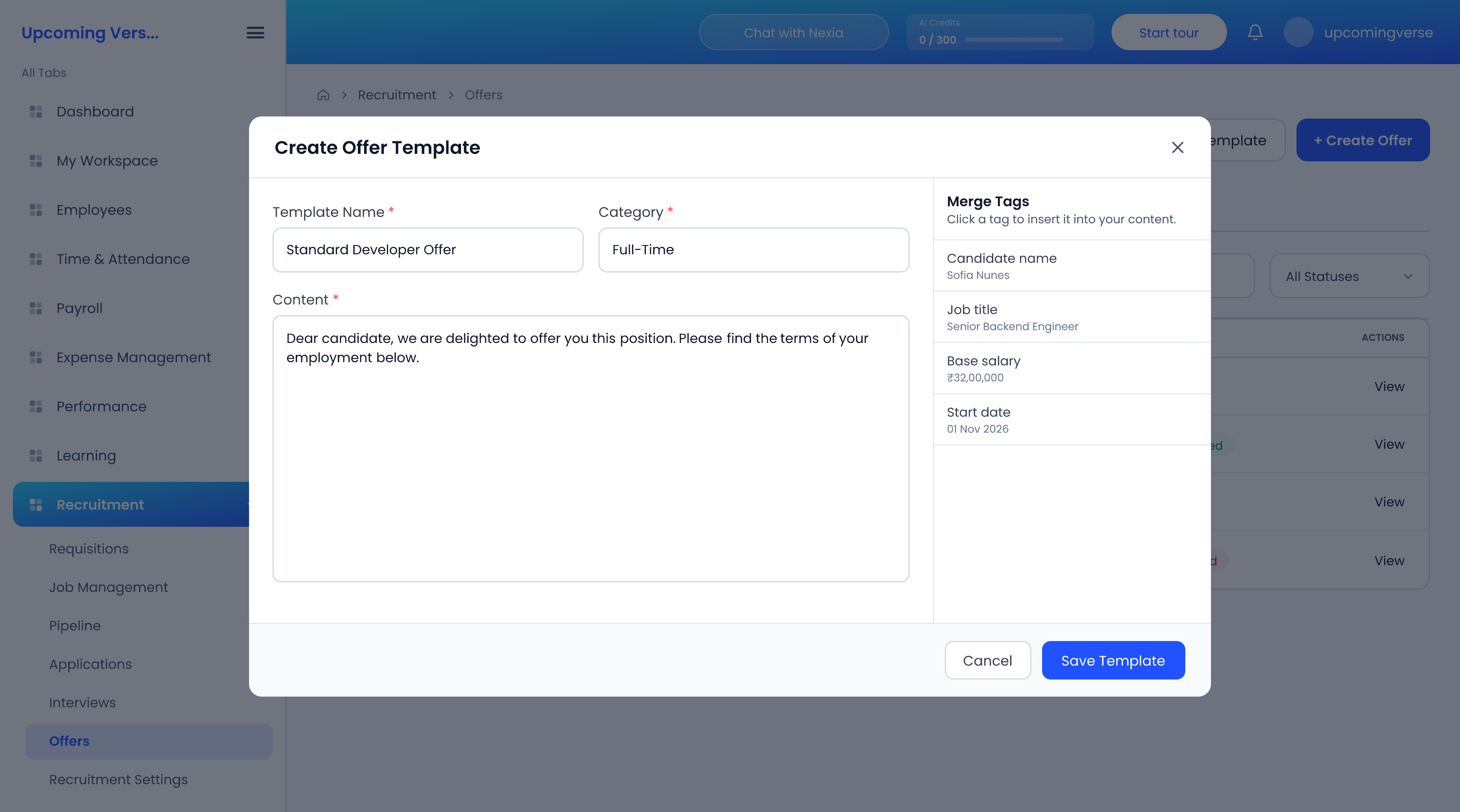 The Create Offer Template dialog, with template name, category, content and the merge tags list