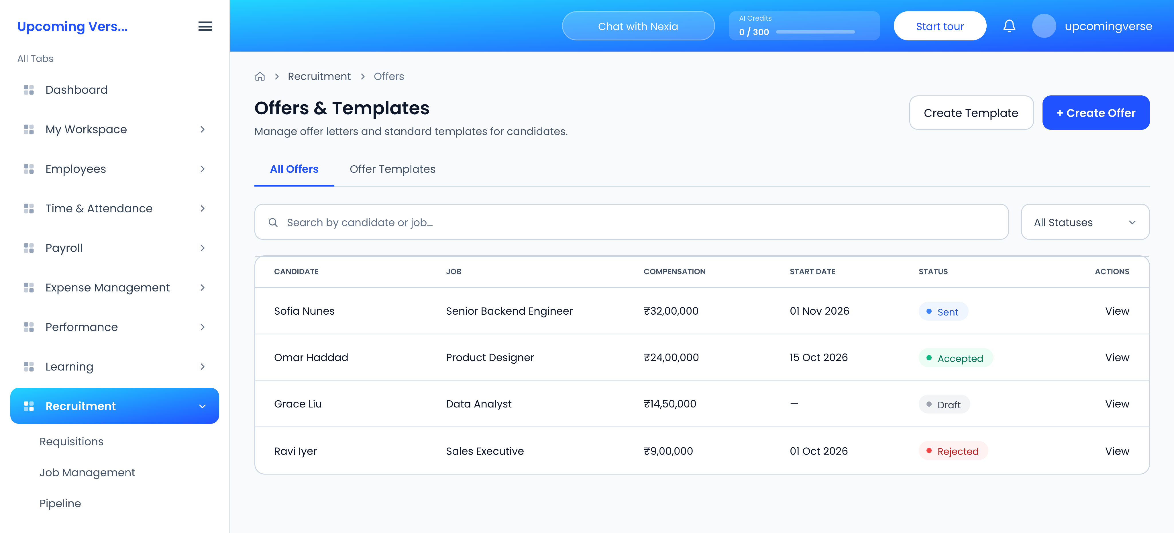 Offers and Templates, listing offers with their compensation, start date and status