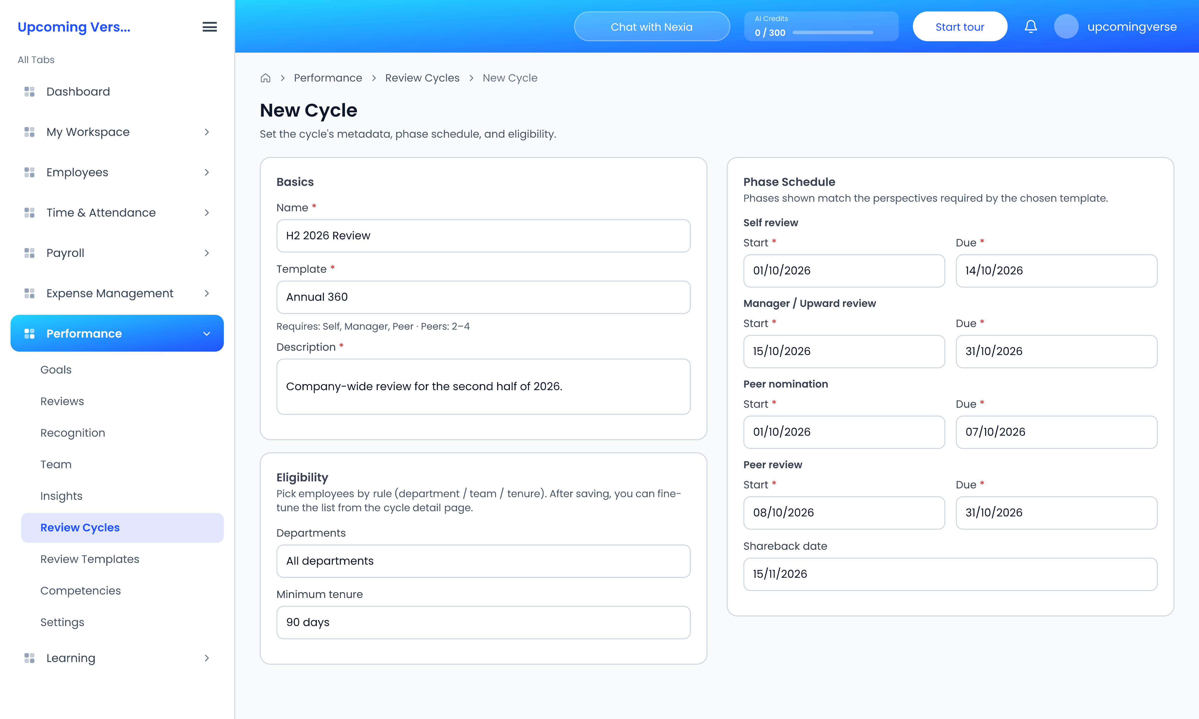 The New Cycle editor, with Basics, Eligibility and the Phase Schedule of start and due dates