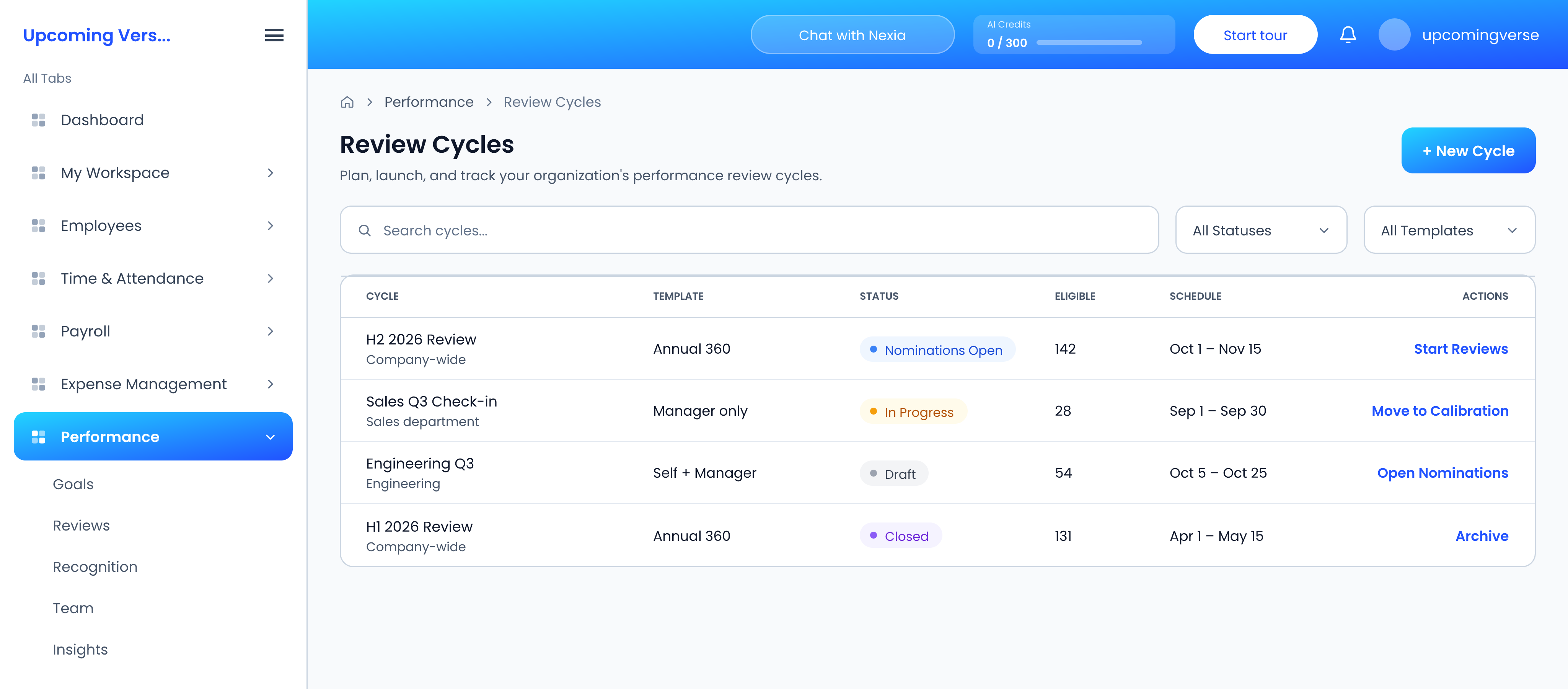 The Review Cycles list, with each cycle's status and the action that moves it to its next stage