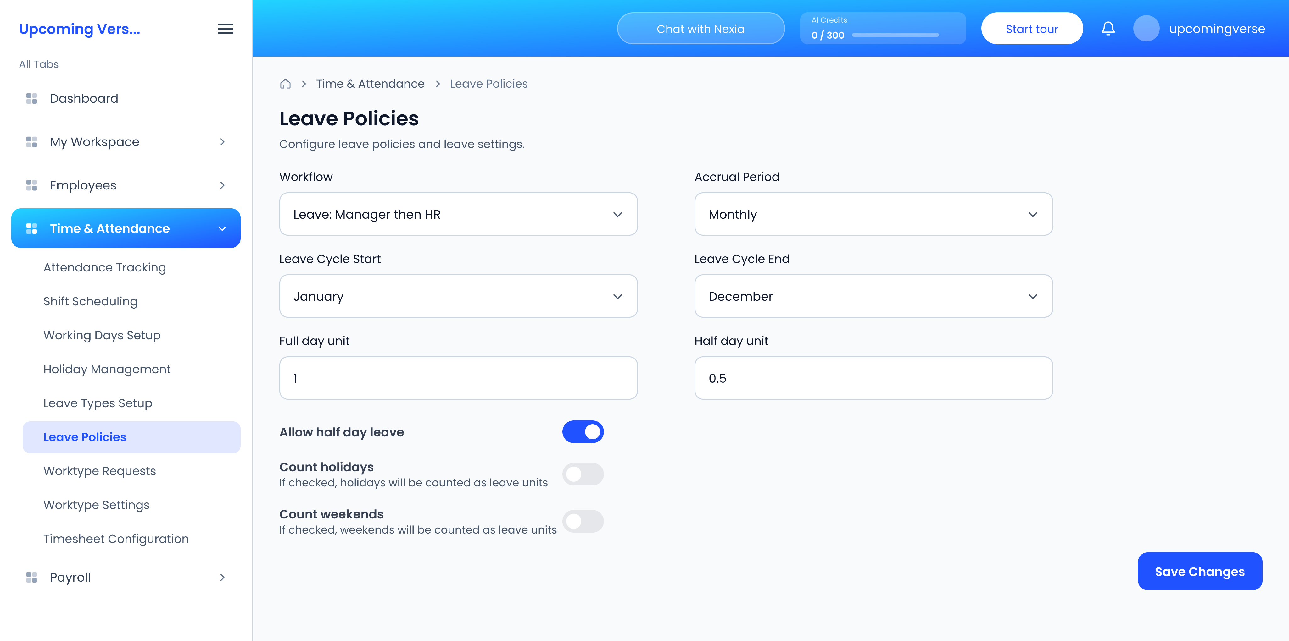 Leave Policies, with the workflow, accrual period, leave cycle, day units and the Count holidays and Count weekends switches