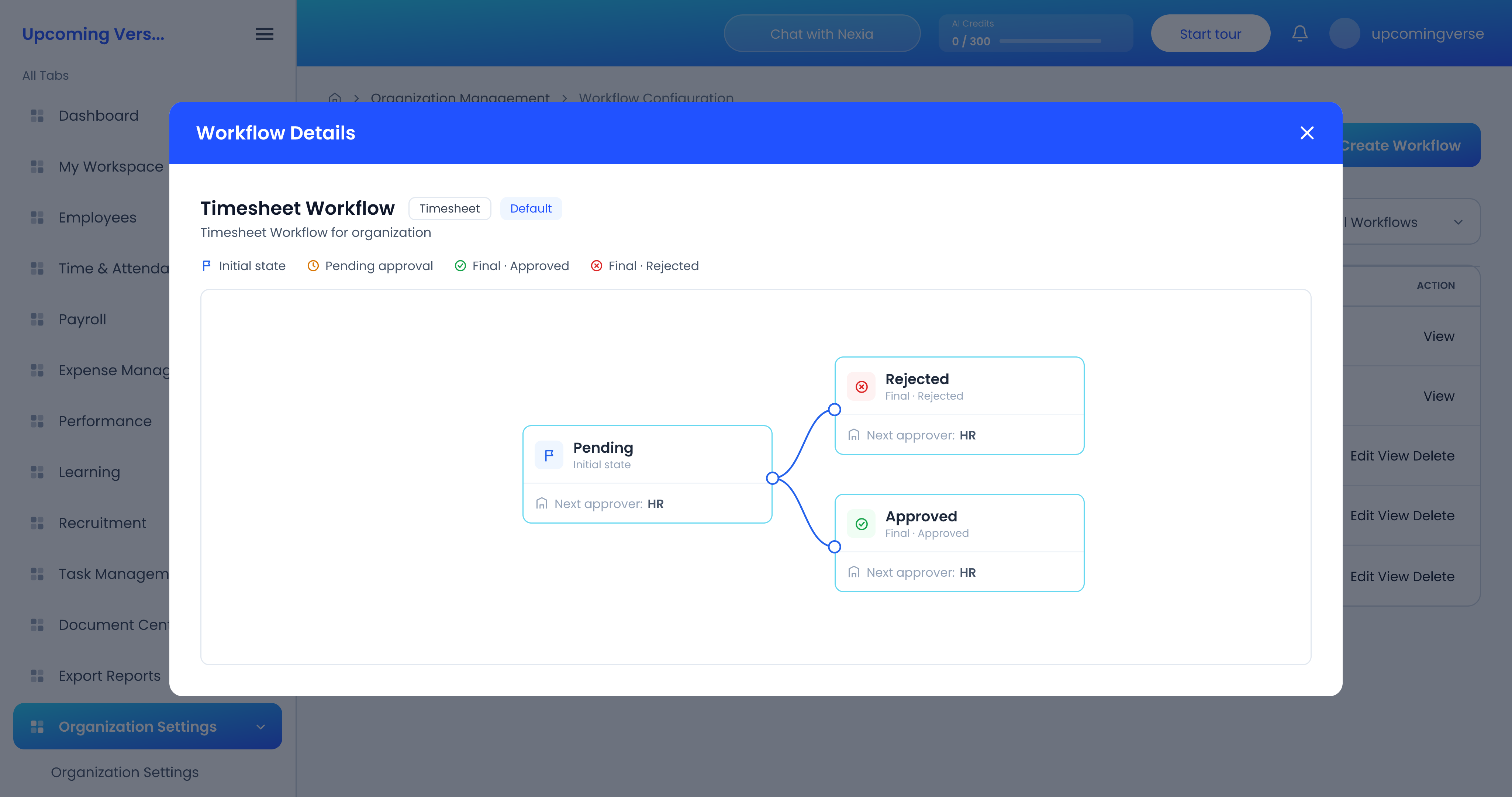 Workflow Details for the default Timesheet workflow, where Pending branches to Approved or Rejected, each naming its next approver