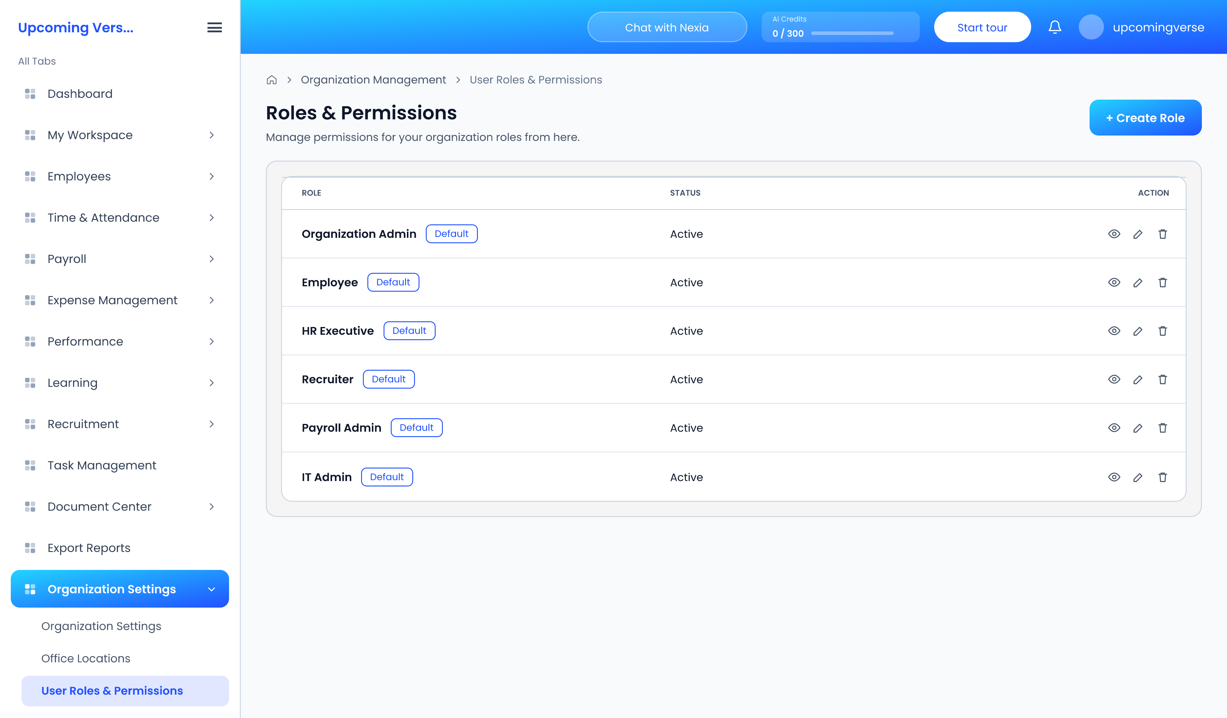 The Roles and Permissions screen, listing the roles the organization has to choose from