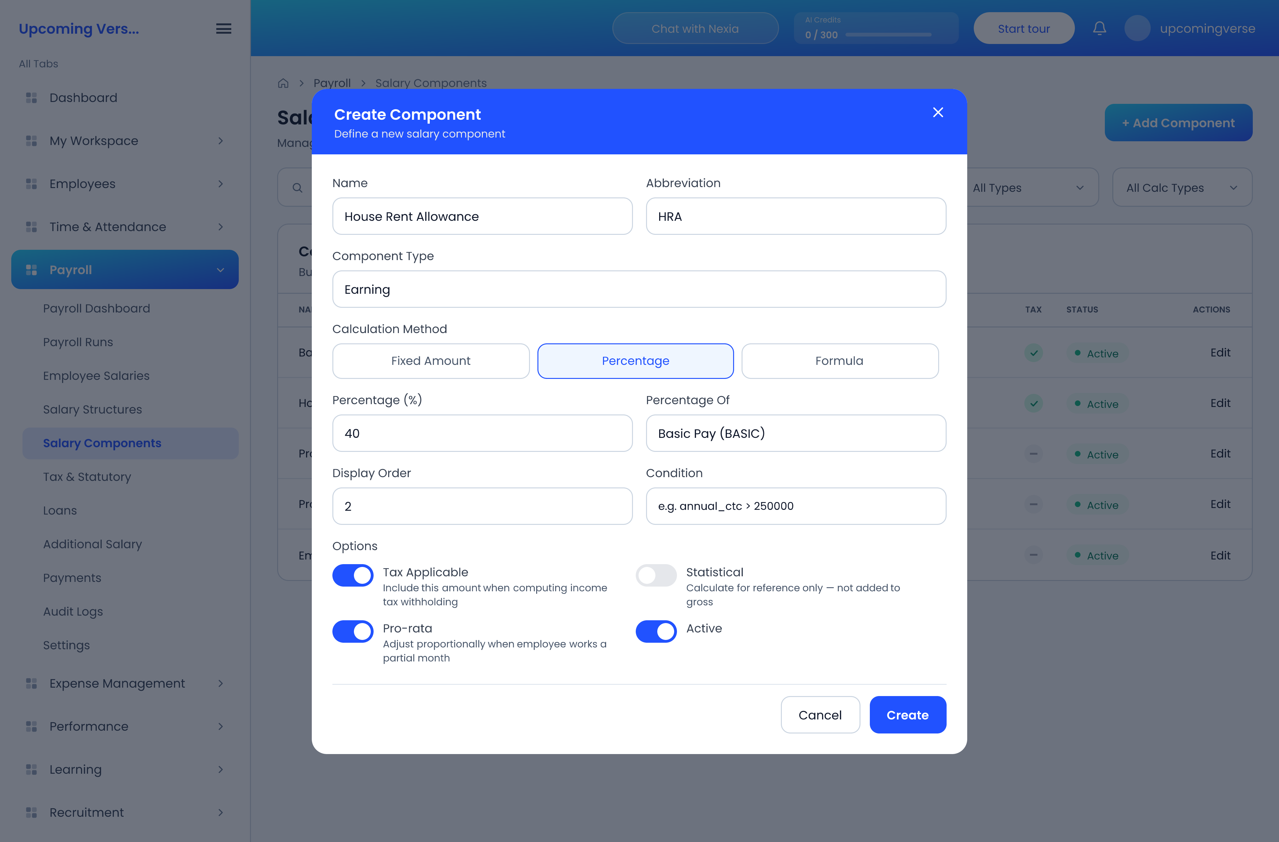 The Create Component dialog, with the component type, a percentage calculation and the tax and pro-rata options