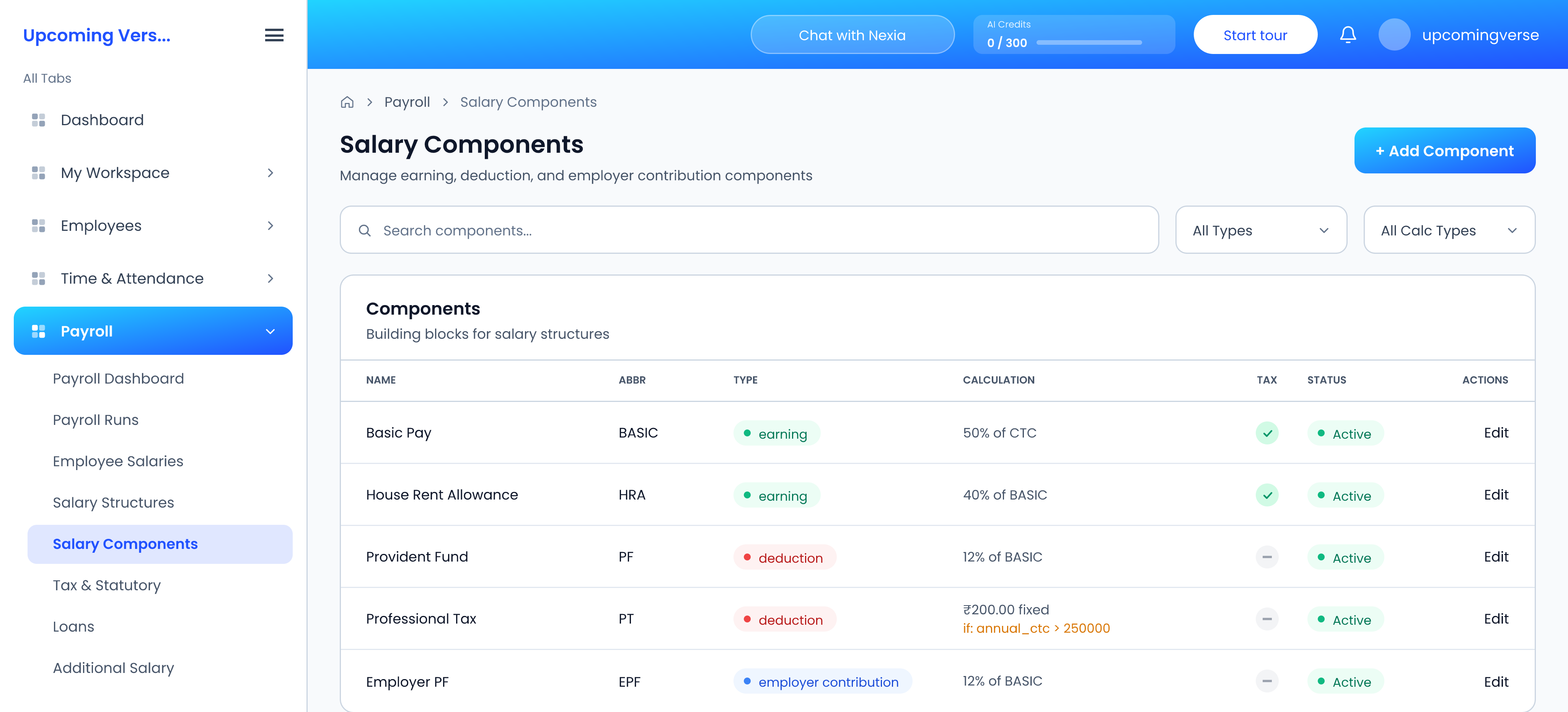 Salary Components, listing each component's abbreviation, type, calculation, tax and status