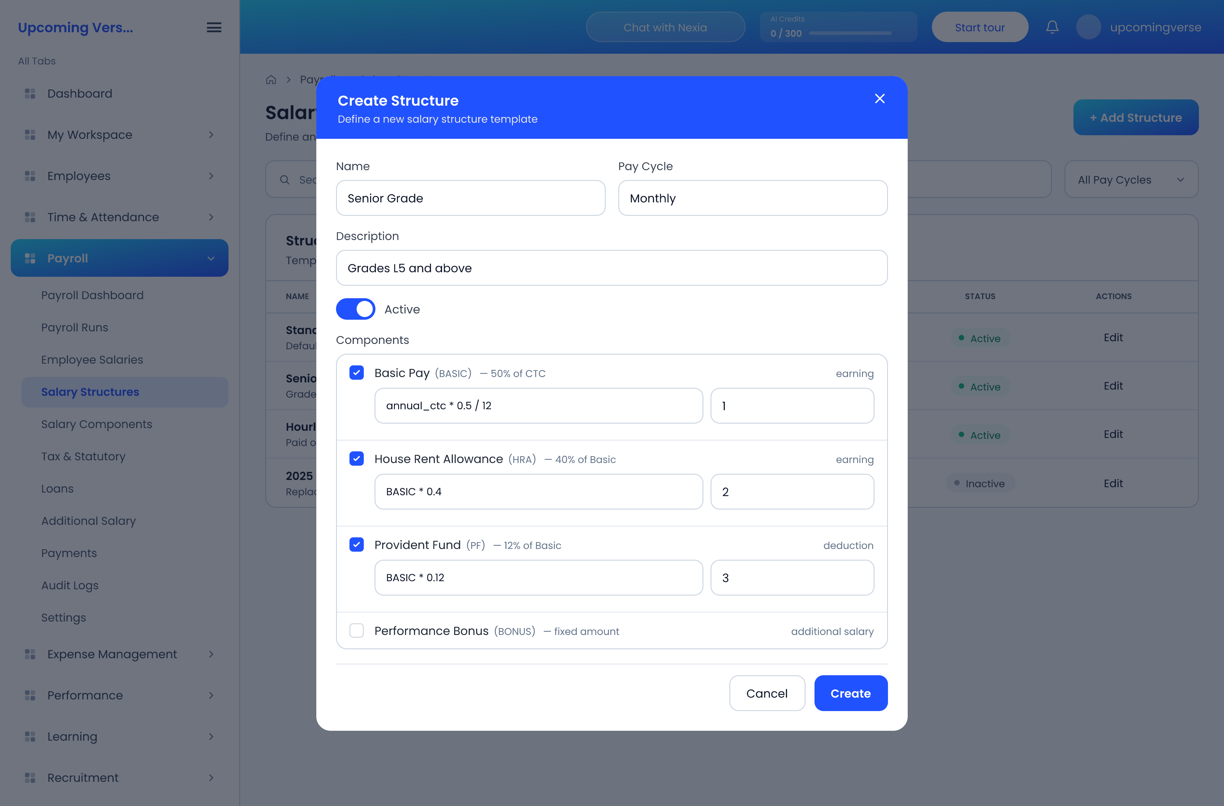 The Create Structure dialog, with components ticked and each given a formula and an order