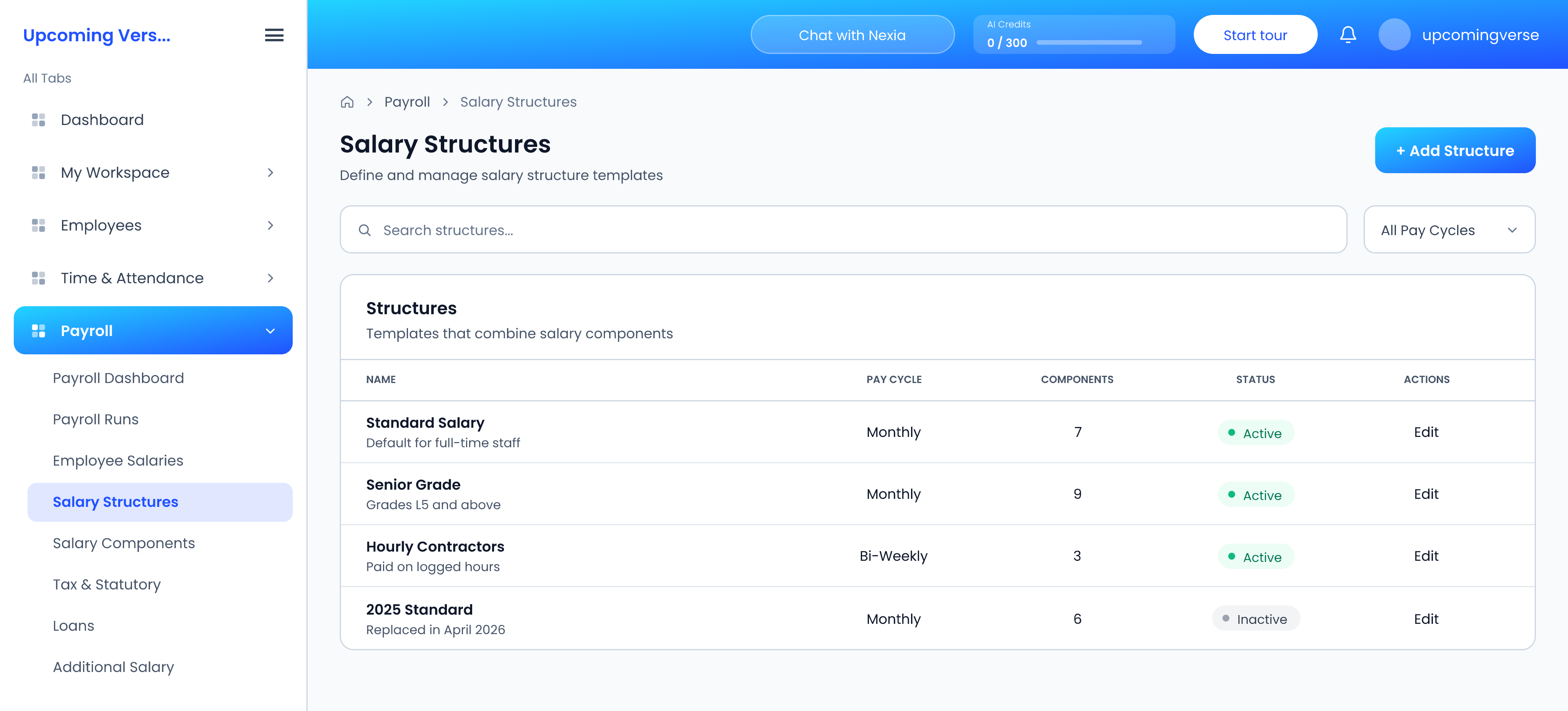 The Salary Structures list, with each structure's pay cycle, number of components and status