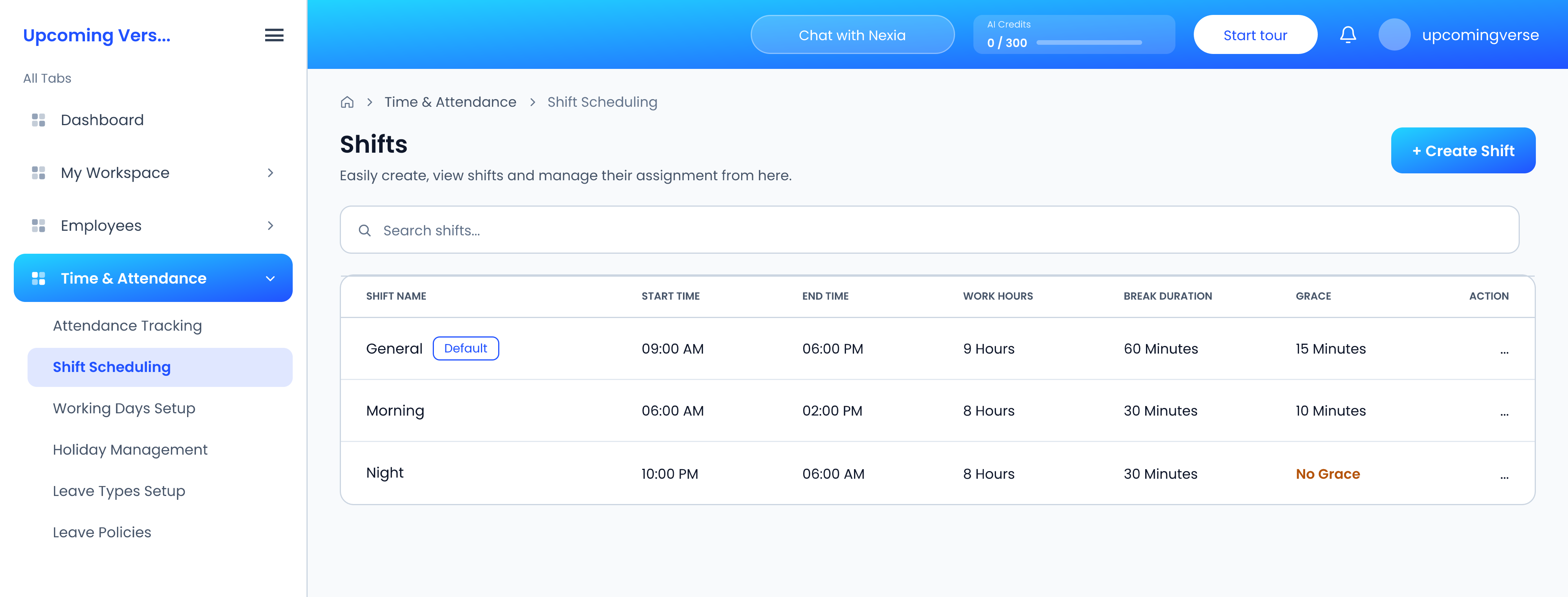 The Shifts list, with each shift's times, break duration and grace, including one with No Grace